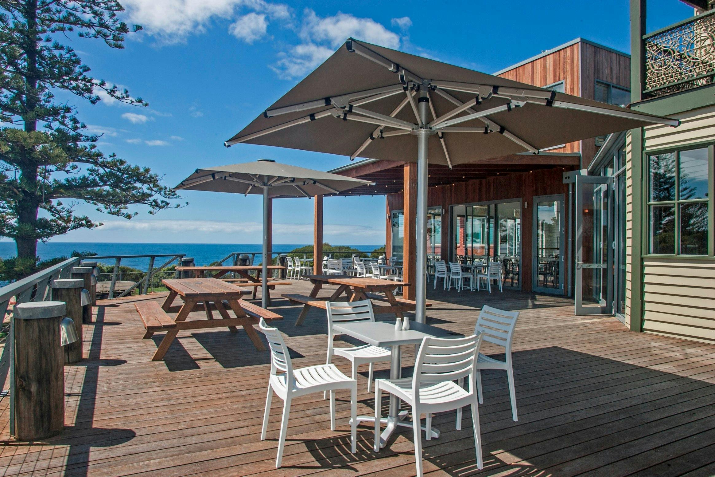 Large sun deck with ocean view at the Tathra Hotel.  Whale watching in season (Sept – Nov)