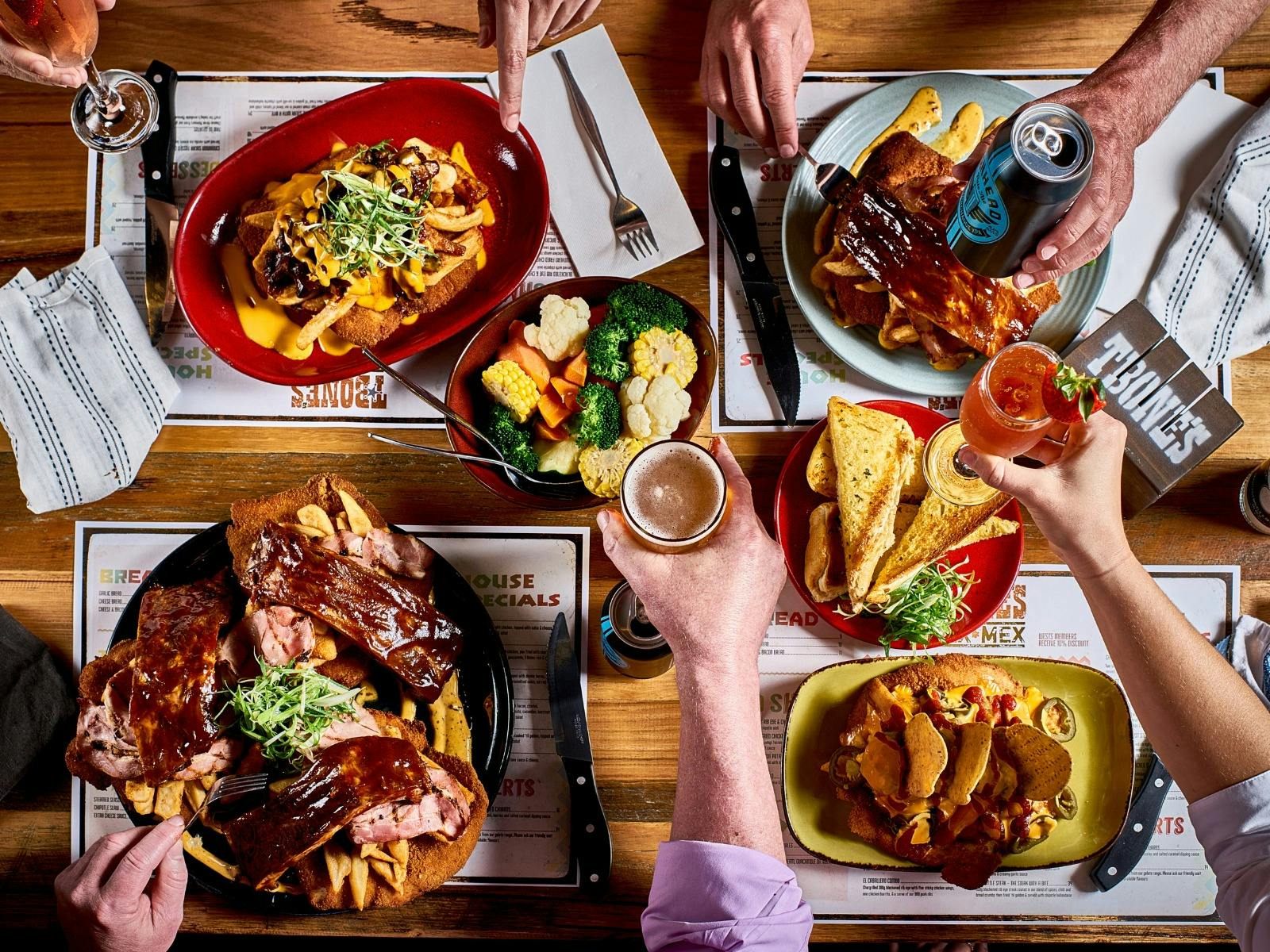 Overhead shot of food on table at T-Bones, Tex Mex