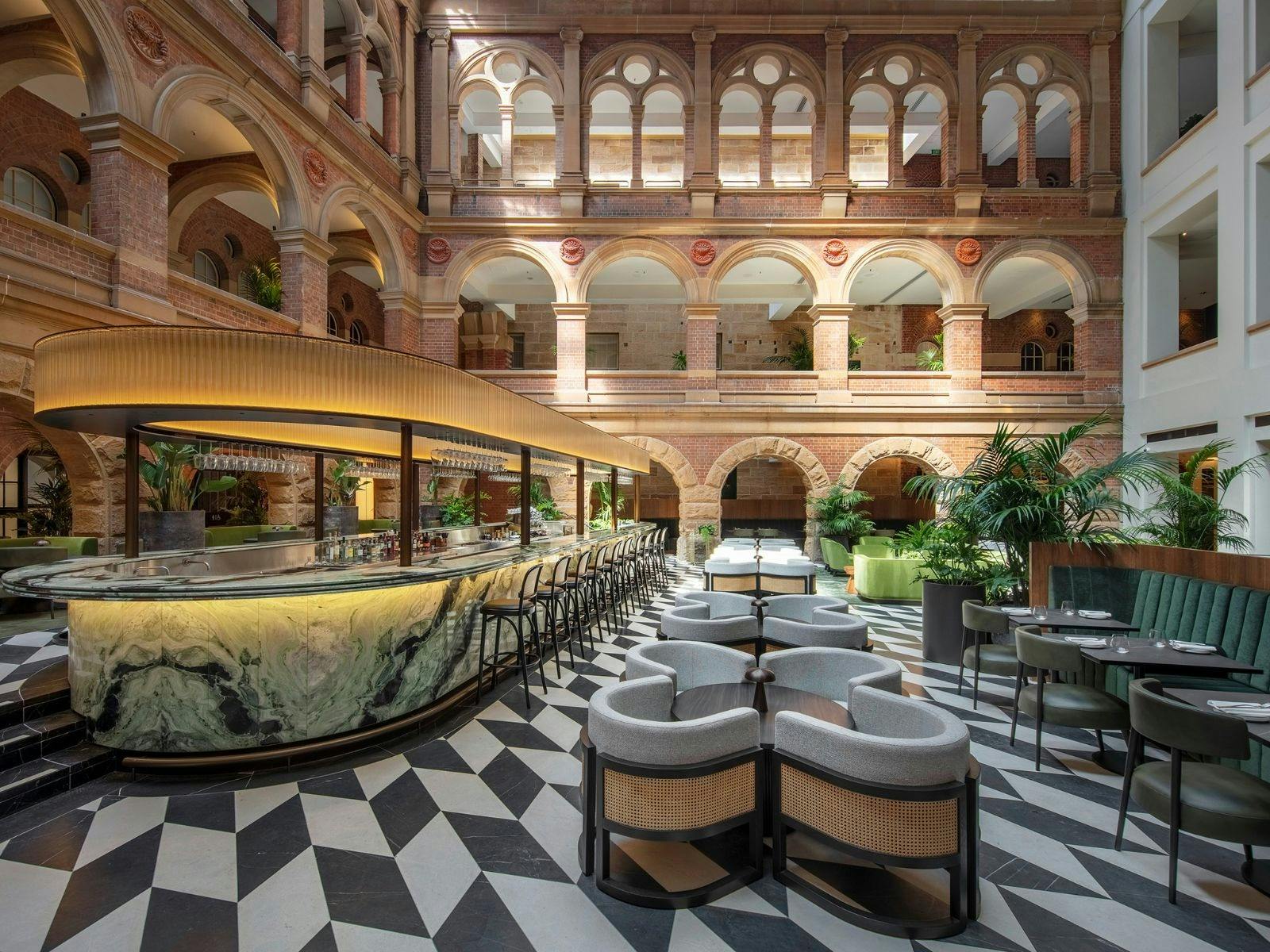 Heritage architecture behind modern bar