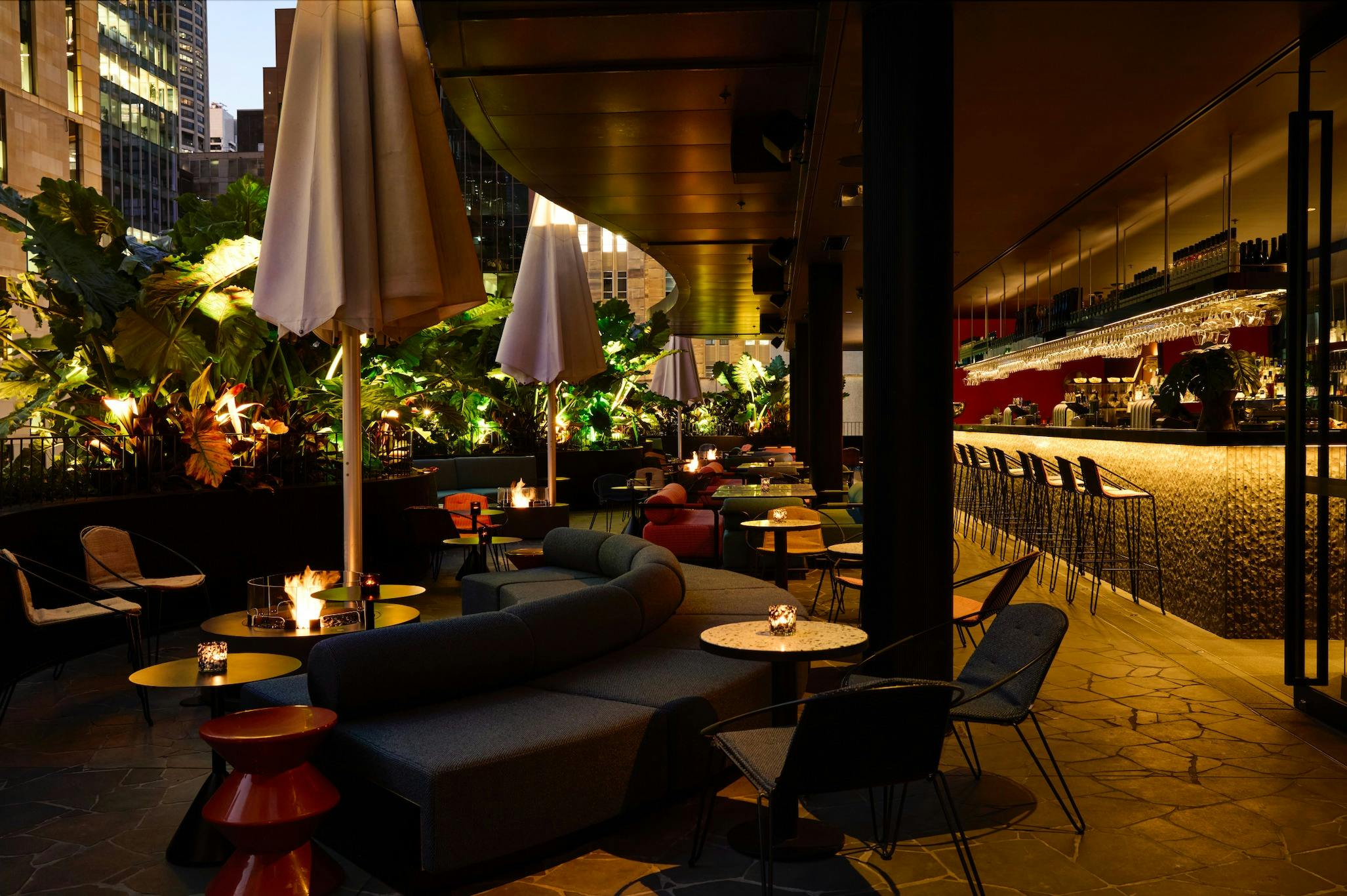 Rooftop bar with fires