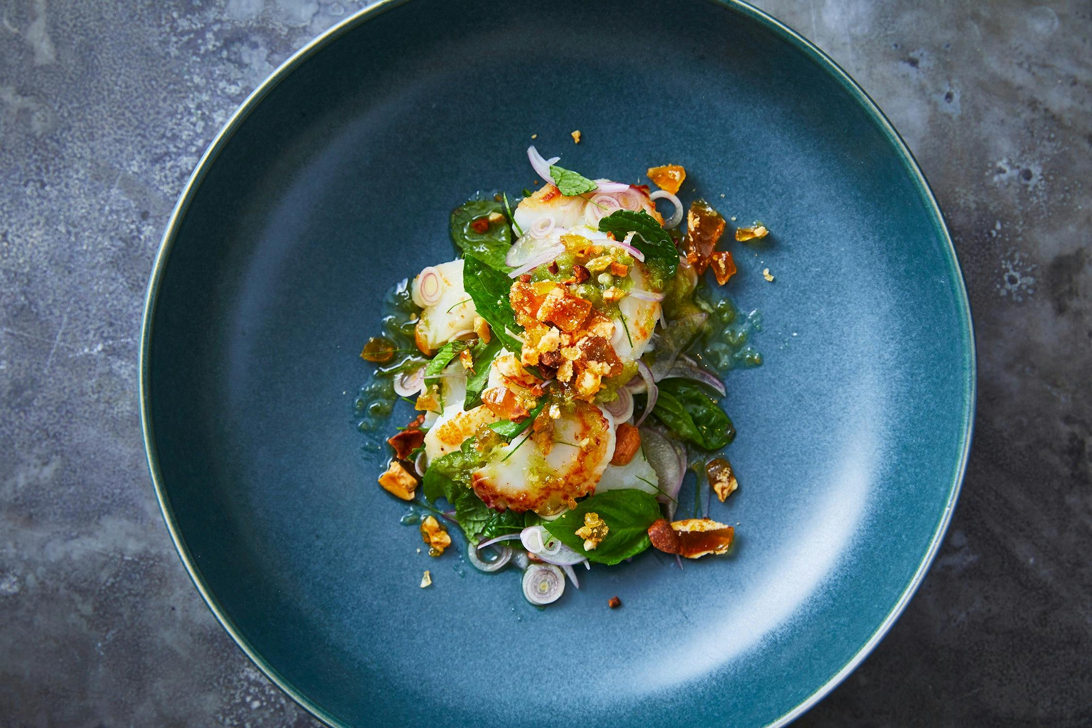 viand. Elevated Thai dining. Eight-course signature degustation tasting menu. Lime cured scallops