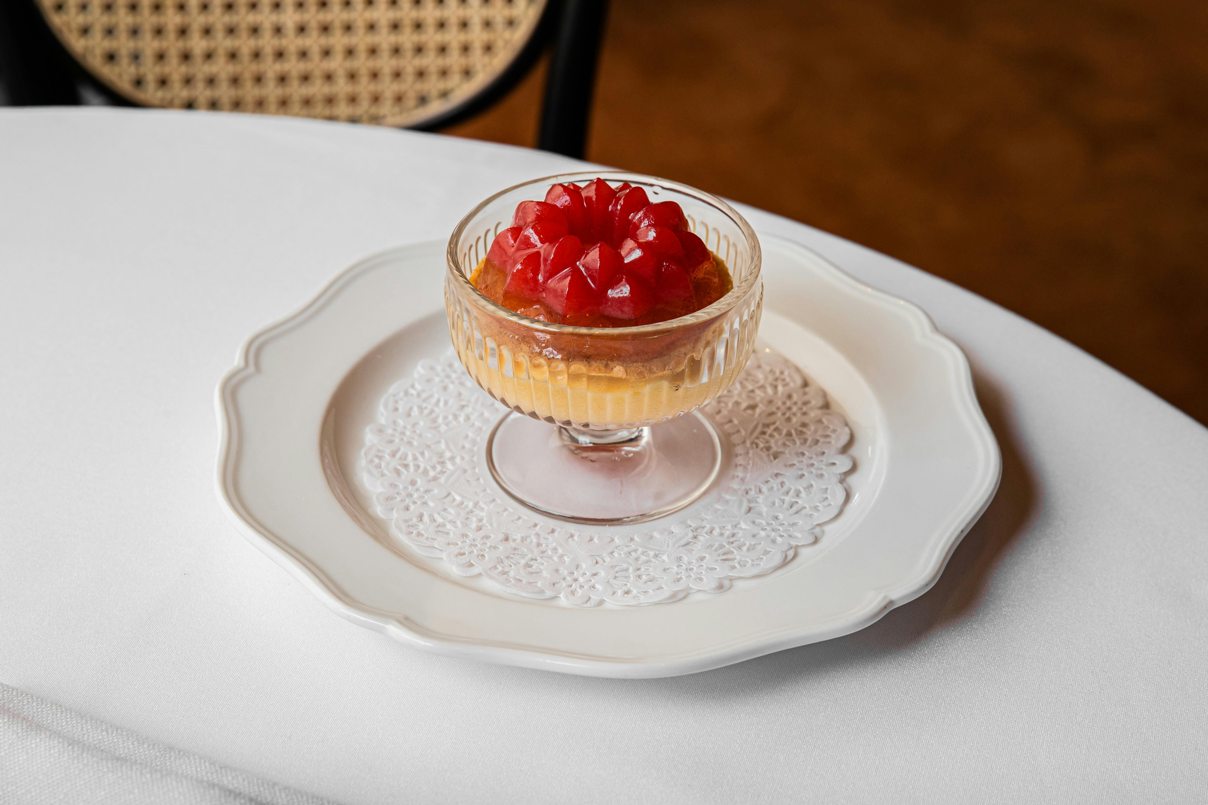 Strawberry and Champagne jelly, strawberry compote, Champagne cream at Ursula's Paddington
