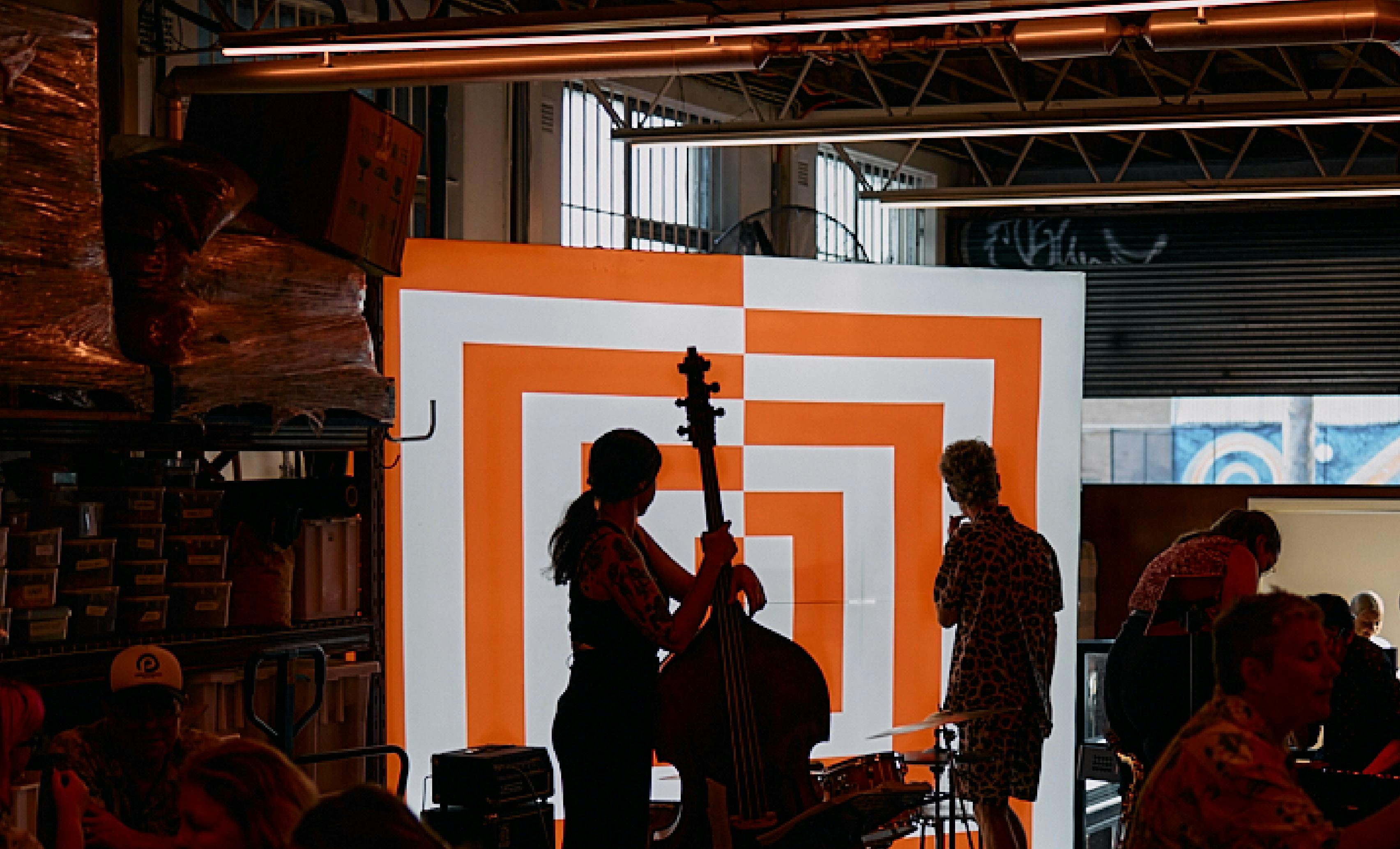 Jazz band on a red and white background