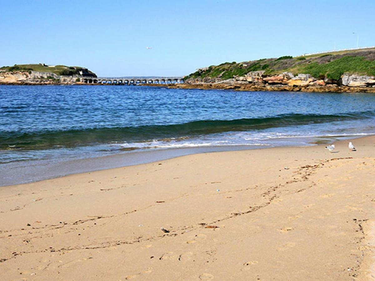 View across sandy Congwong Beach and a group of seagulls, with Bare Island in the background. Photo: