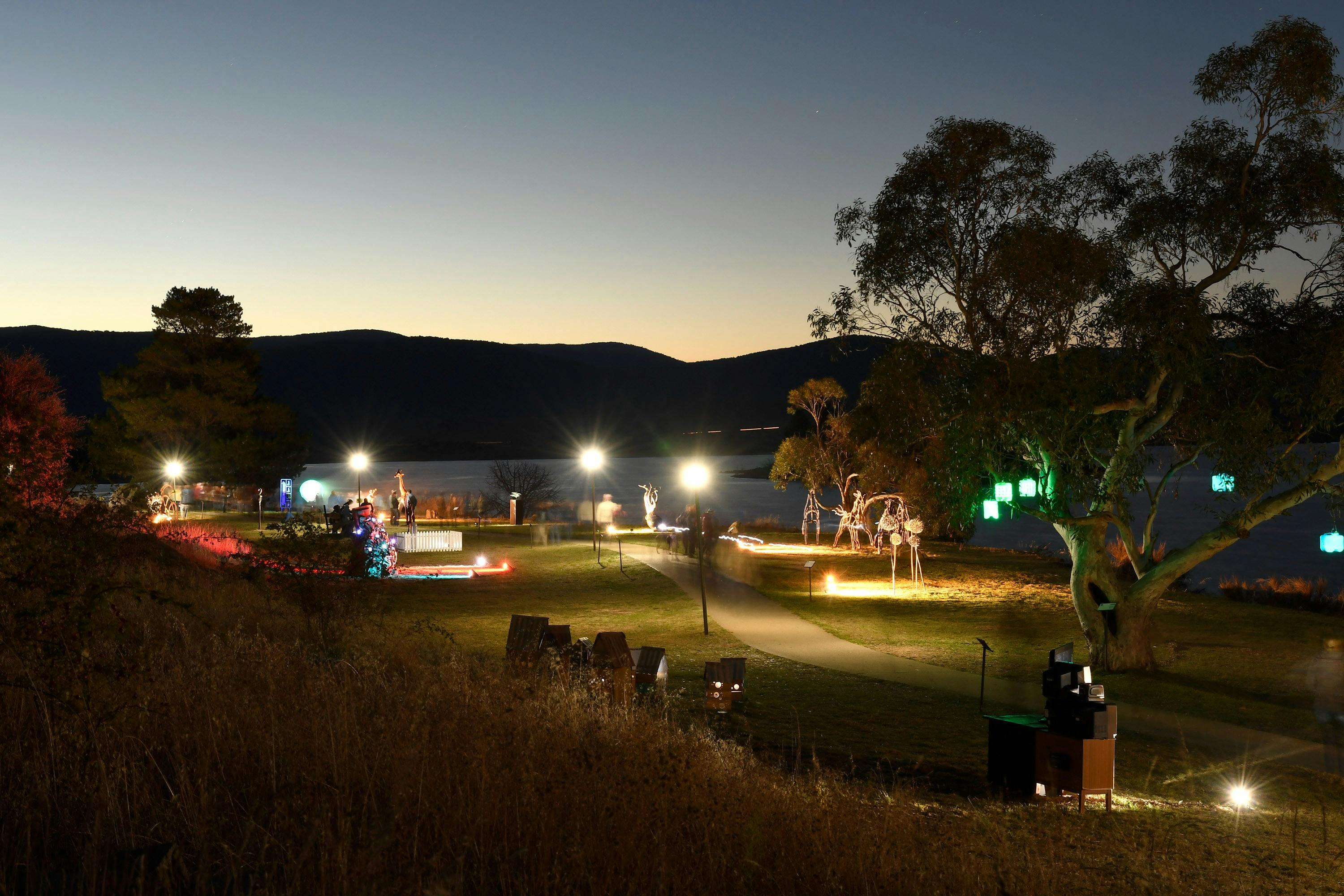 Nighttime scene with illuminated sculptures, a winding path, and a tree with glowing green lights.