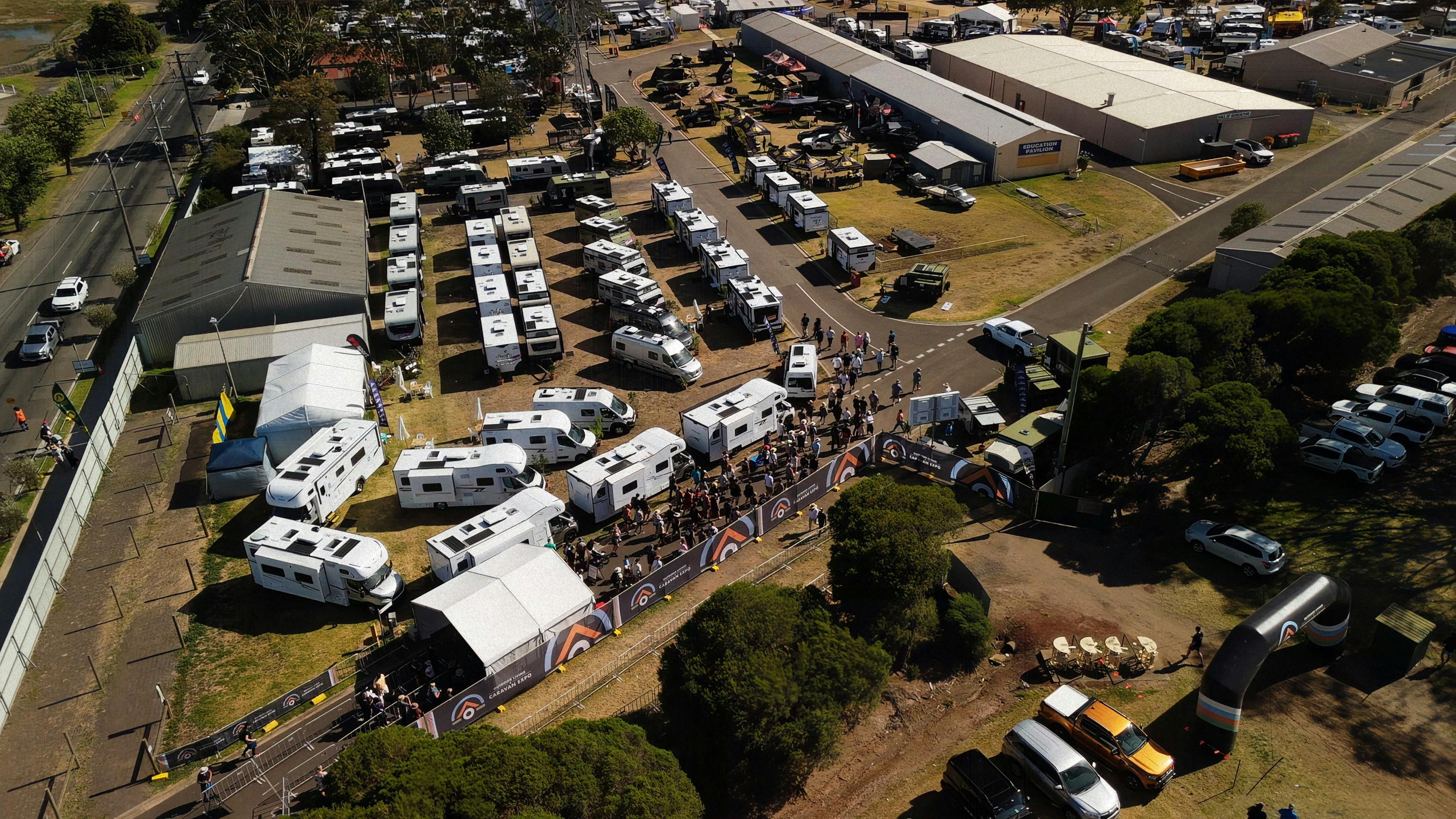 Ariel drone shot showing the Outdoor Living & Caravan Expo