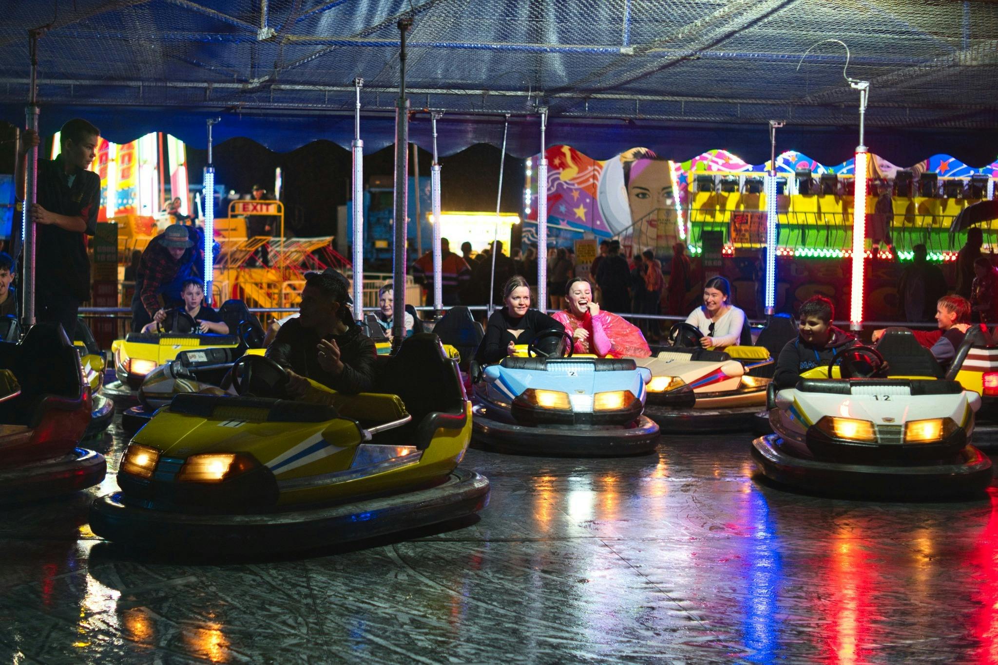 Colorful dodgem car ride in motion