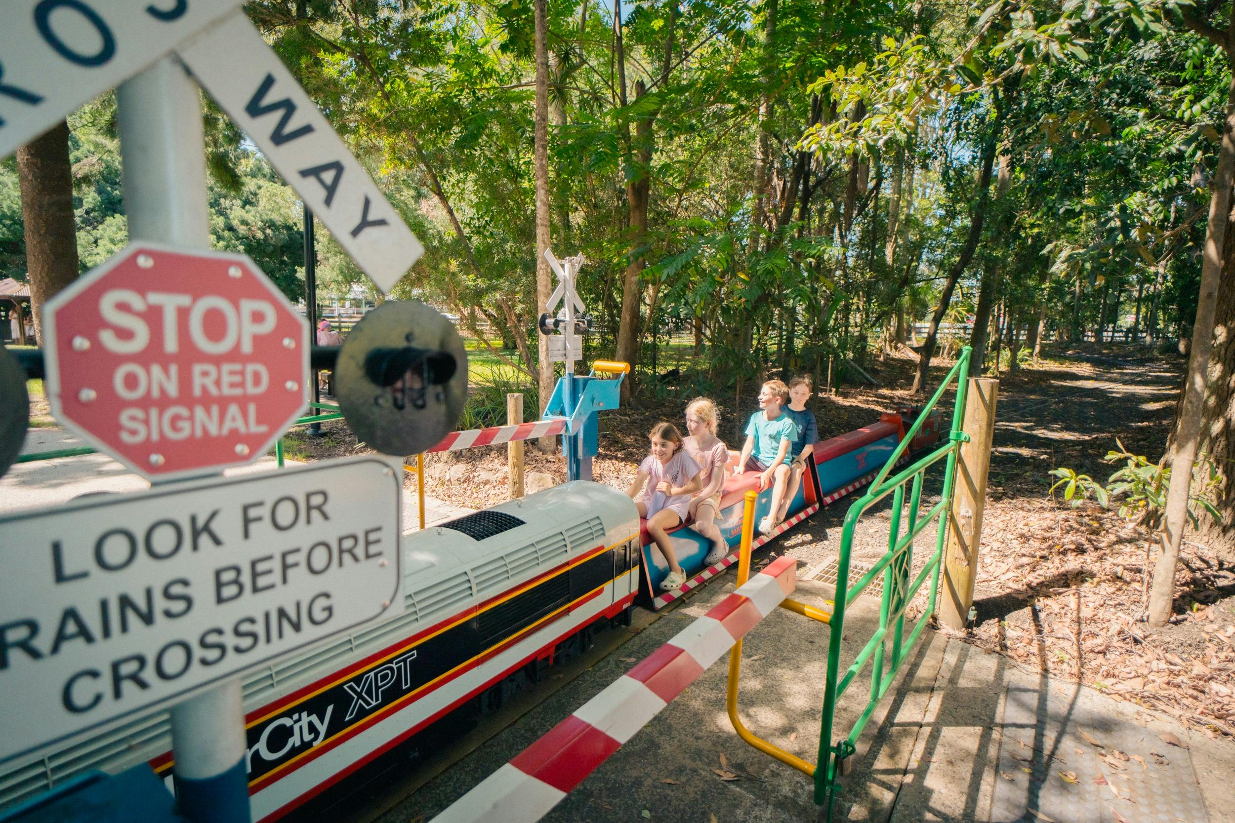 Going through the crossing on the miniature train