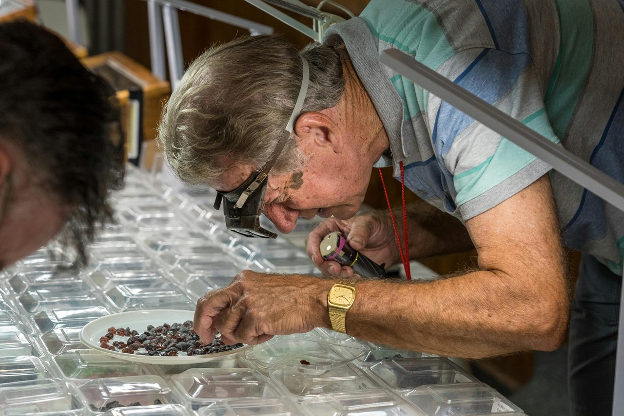 Man identifying gemstones quality at his stall at Minerama