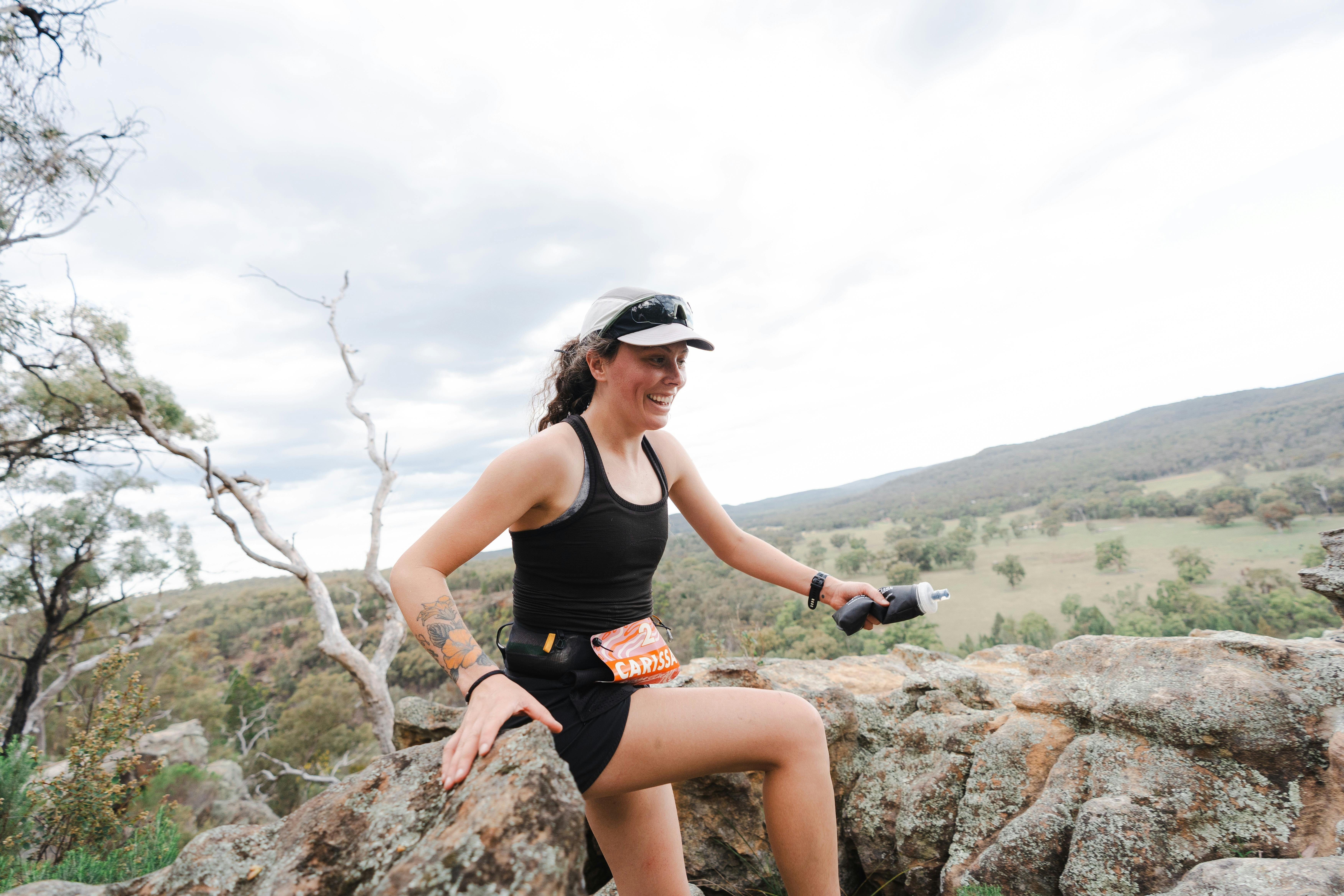 A runner negotiates the rocky escarpments in the Pilliga Ultra 10k