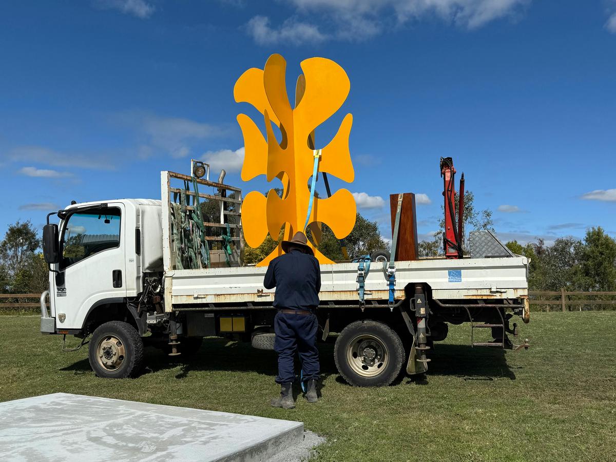 "Big Yellow Taxi" by Stephen Coburn being installed at the Dungog Common