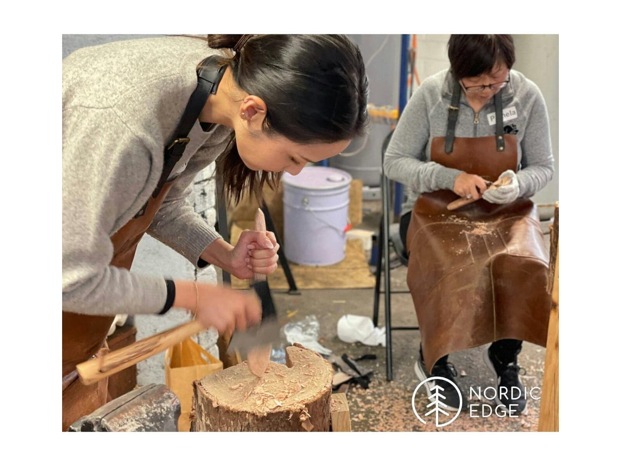 students carving spoons having fun