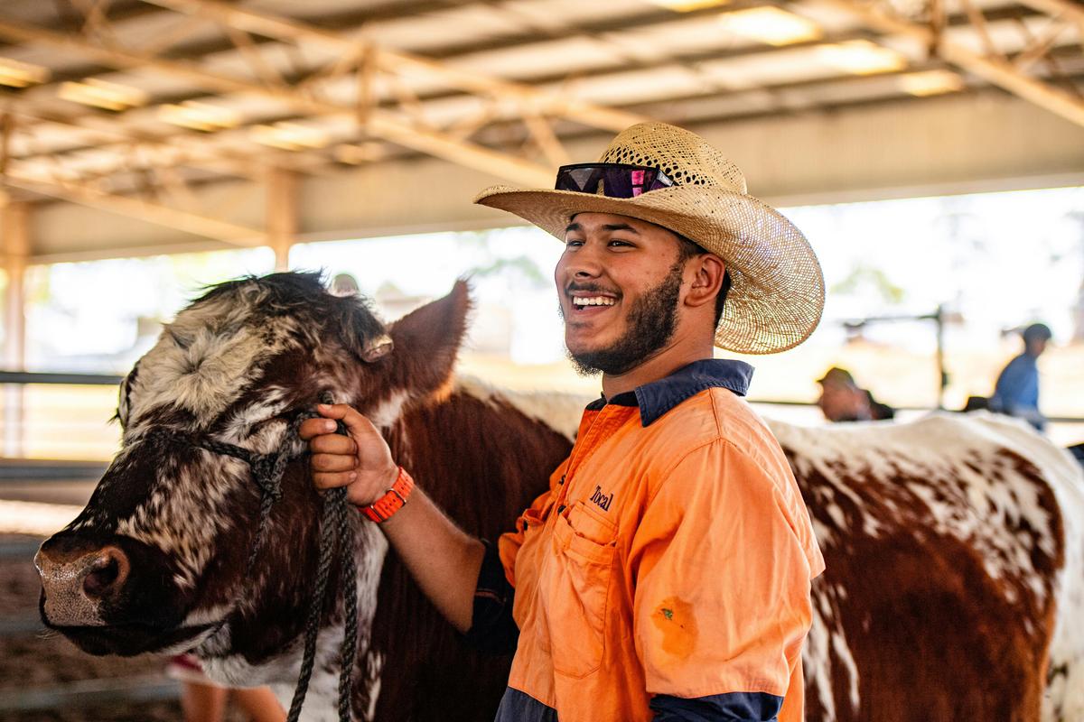 Tocal College student parading a steer at Tocal Field Days 2026.