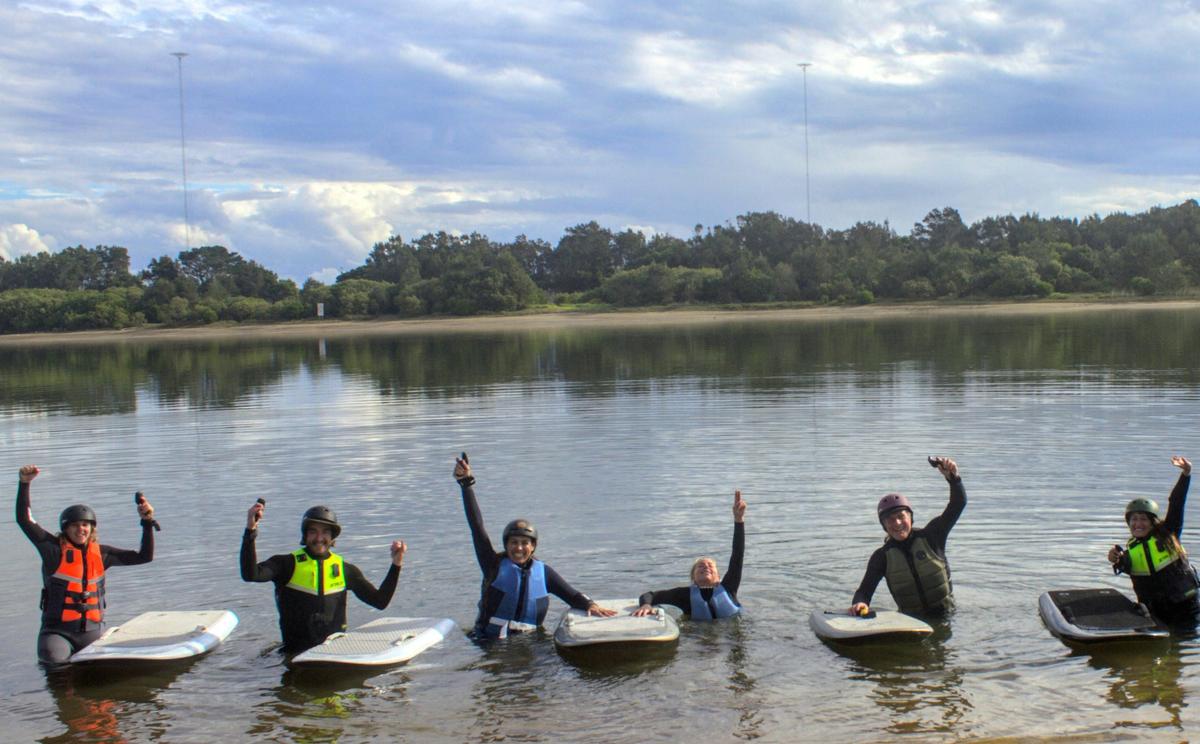 Ready for fun on Fliteboards. Bellingen river fliteboarding group with Ozfoiling