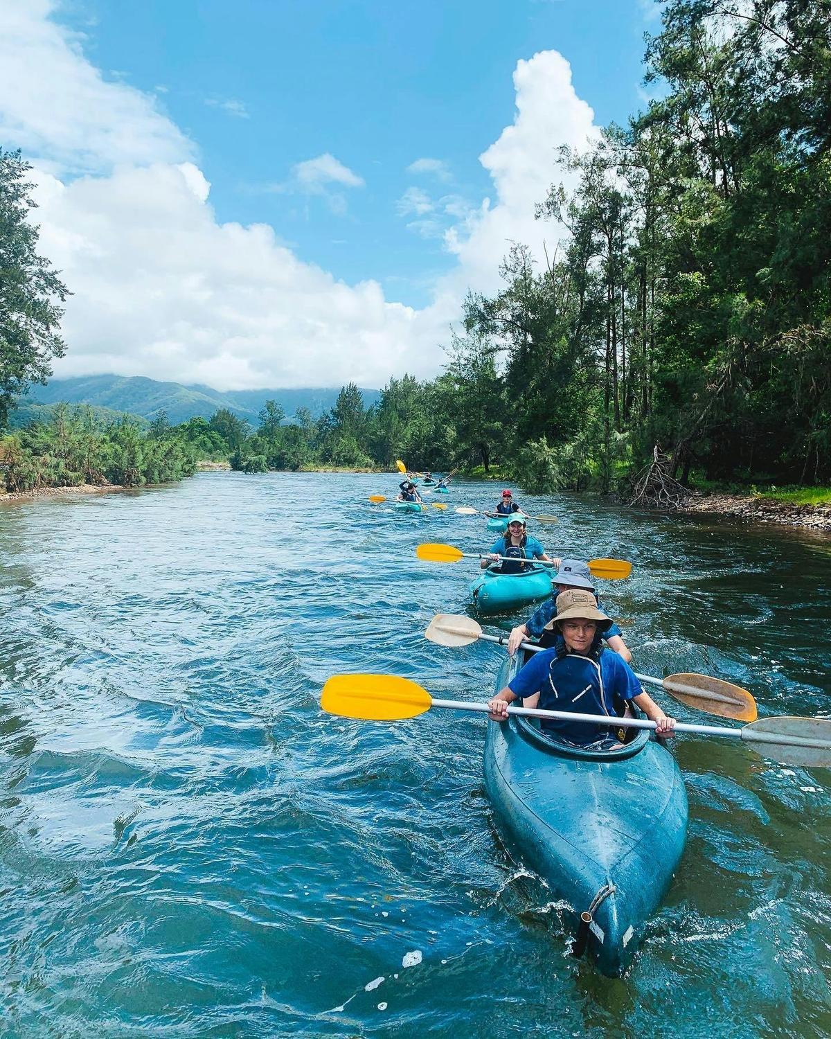 One by one......single file as they glide down the Grade 1 rapids with Bellingen Canoe Adventures