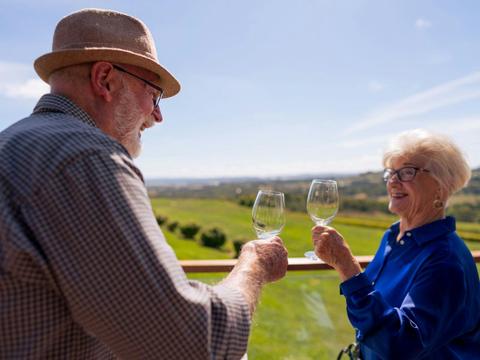 2 people clinking glasses while standing on deck