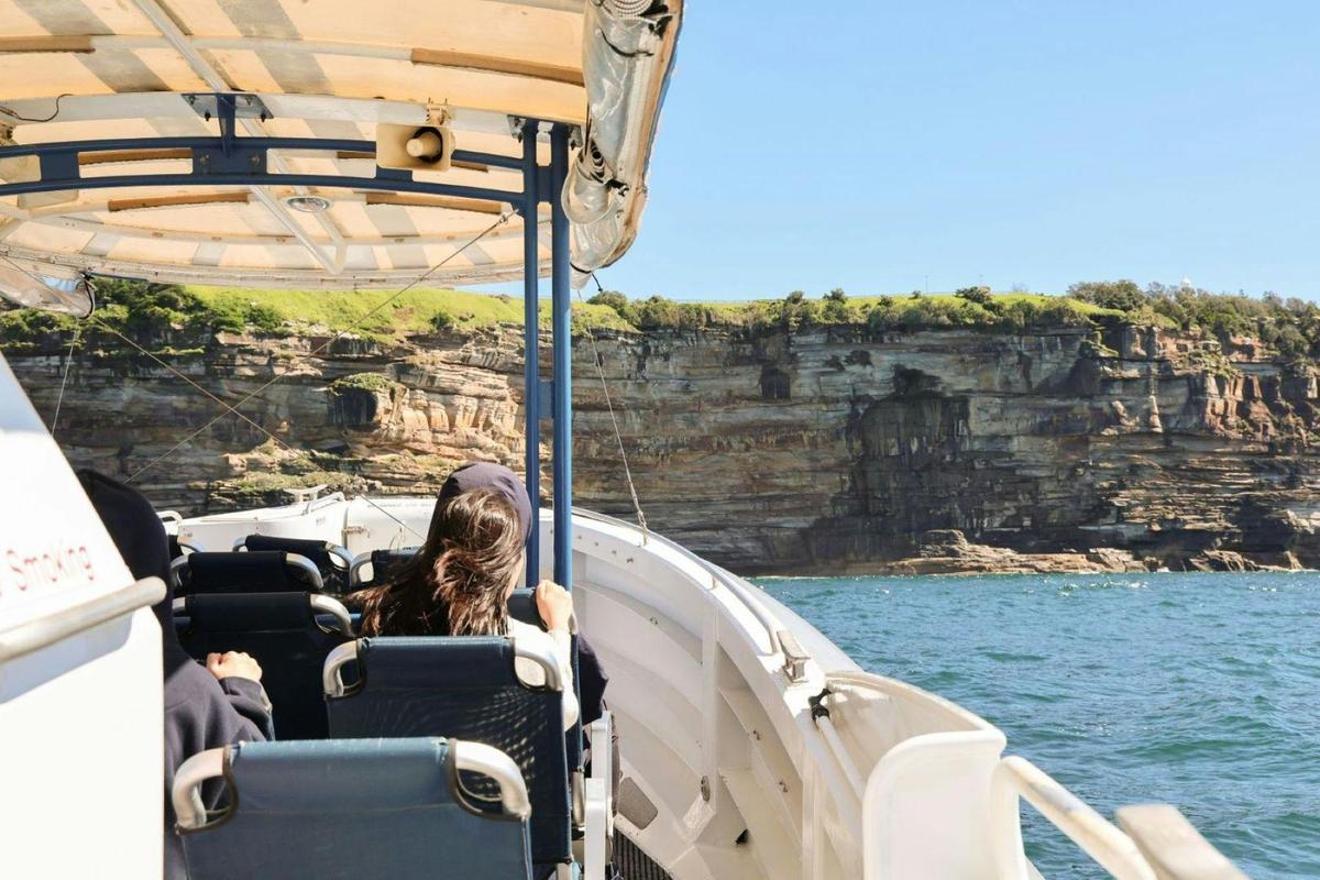 people on a boat taking photos of Sydney coastline