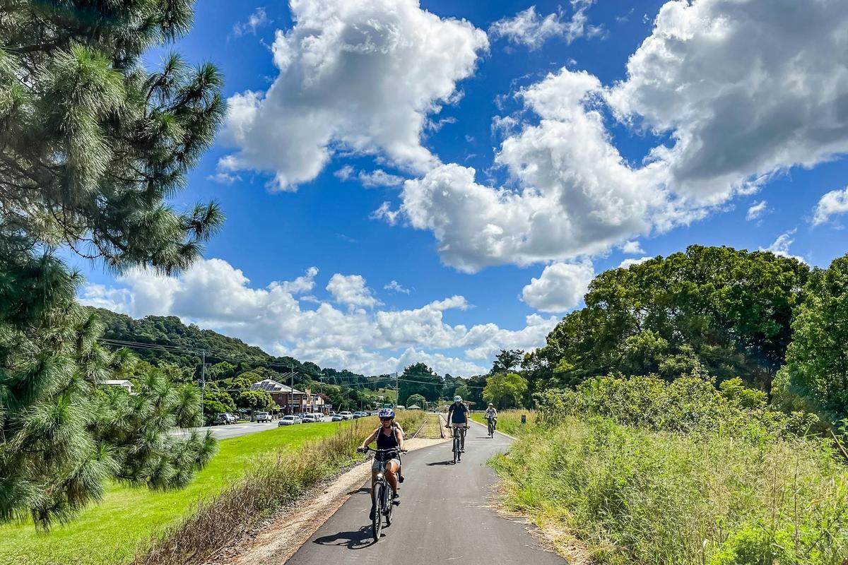 E Bike riders arriving at Mooball on the Northern Rivers Rail Trail