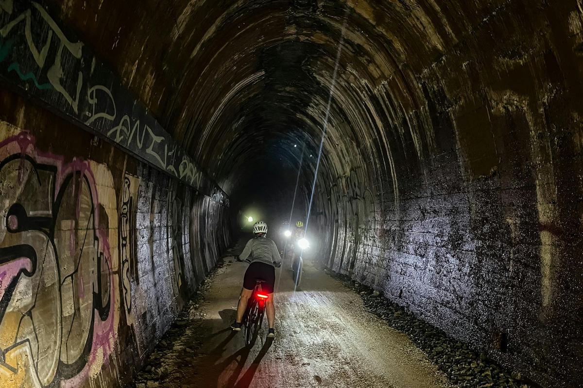 E Bikes inside the Burringbar Tunnel on the Northern Rivers Rail Trail