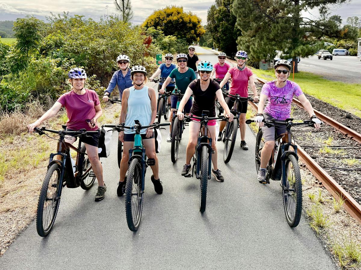Group of women on E Bikes on the Rail Trail