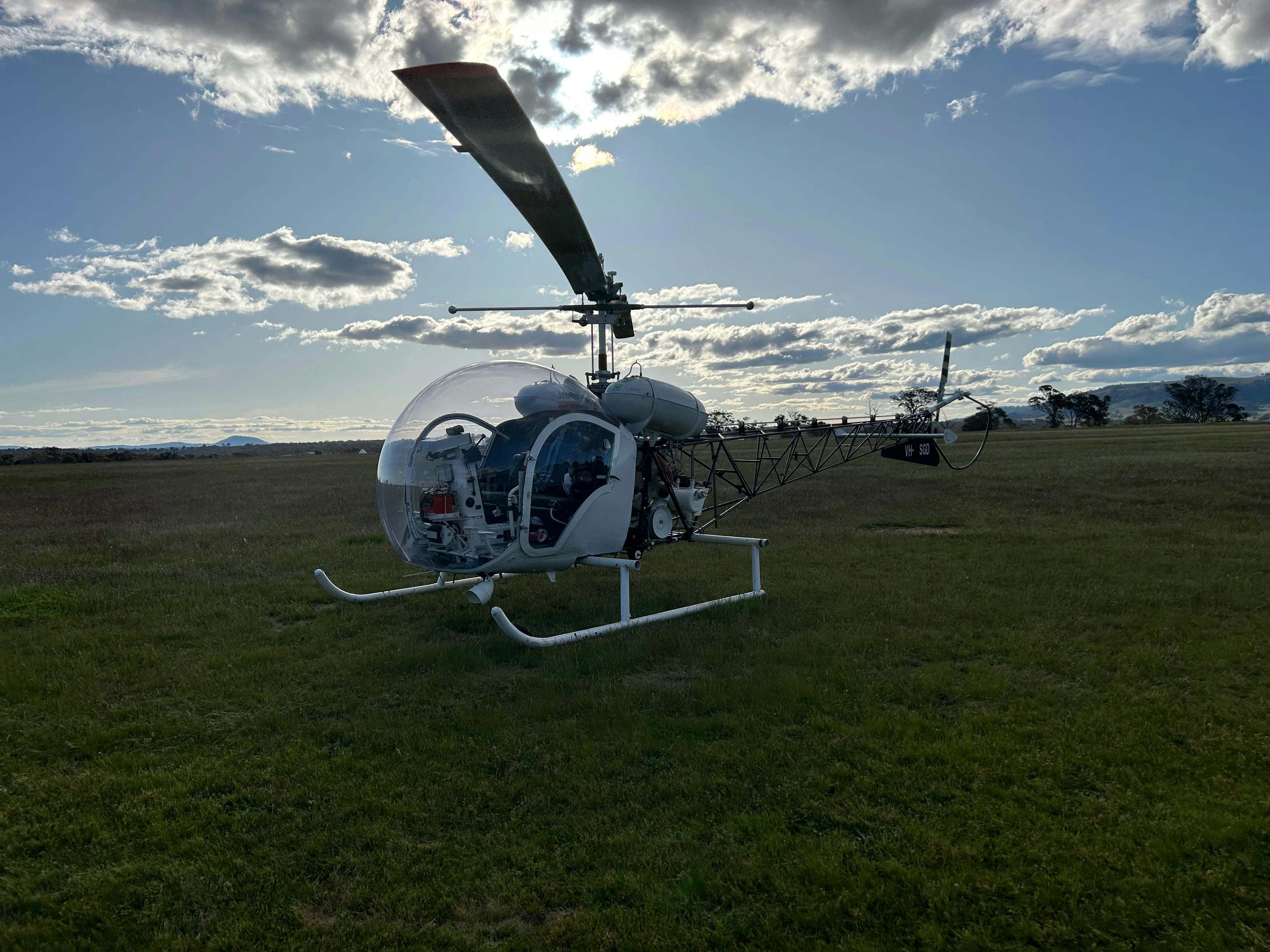 Our main aircraft, the Bell 47. The 47's bubble shape allows an impressive view from all sides.