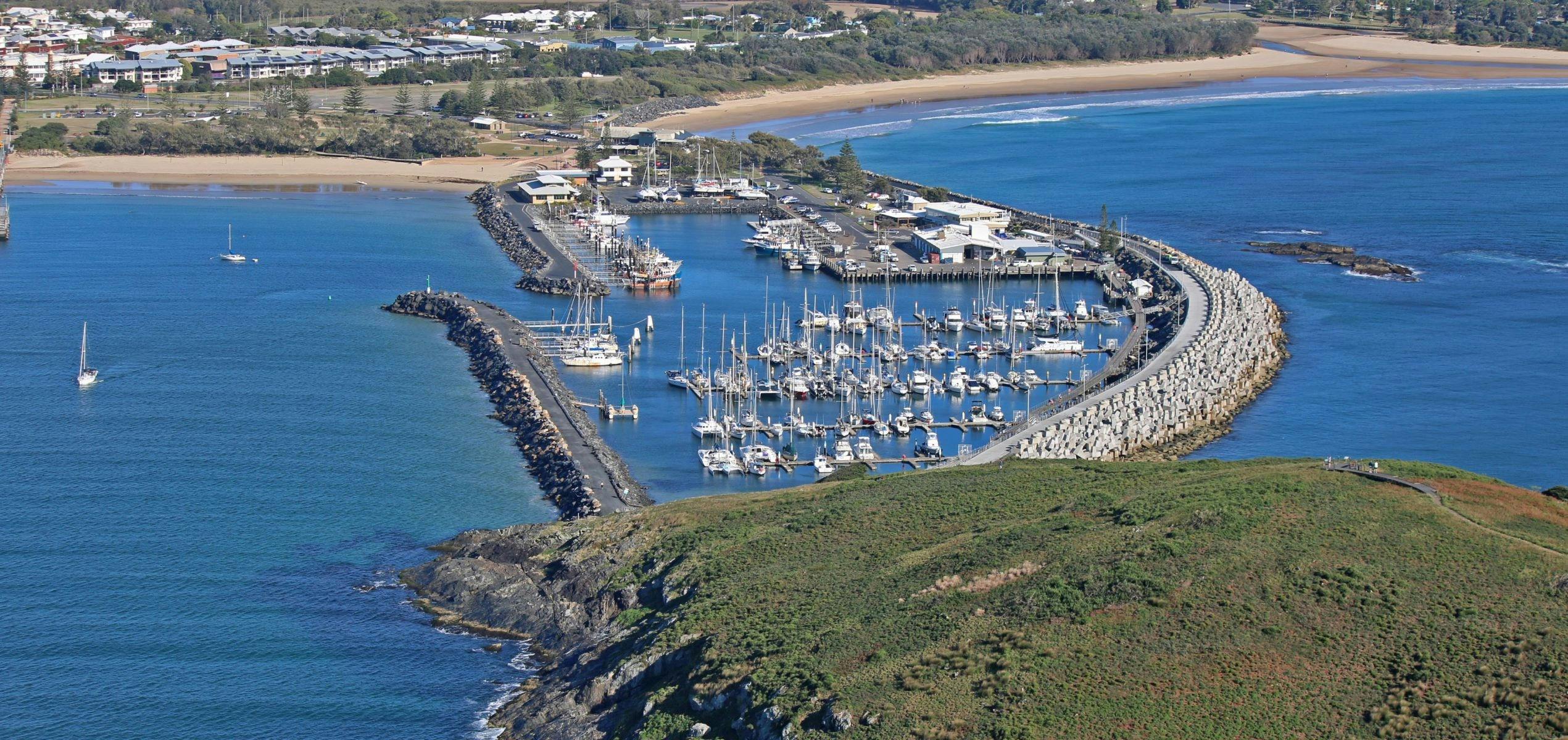 Coffs Harbour International Marina, as seen from Mutton Bird Island and part of the Soliatry Islands