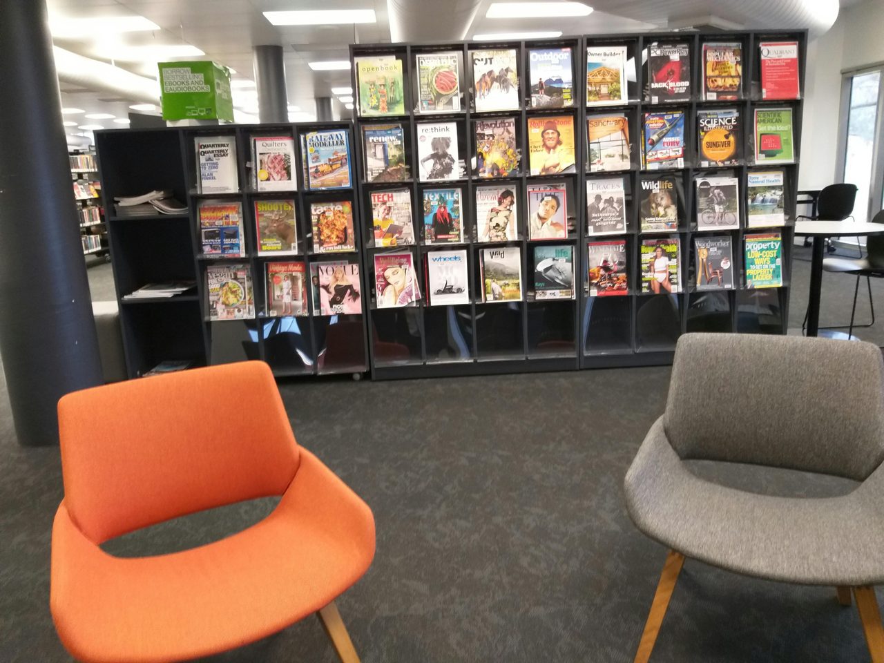 Magazine section with two chairs