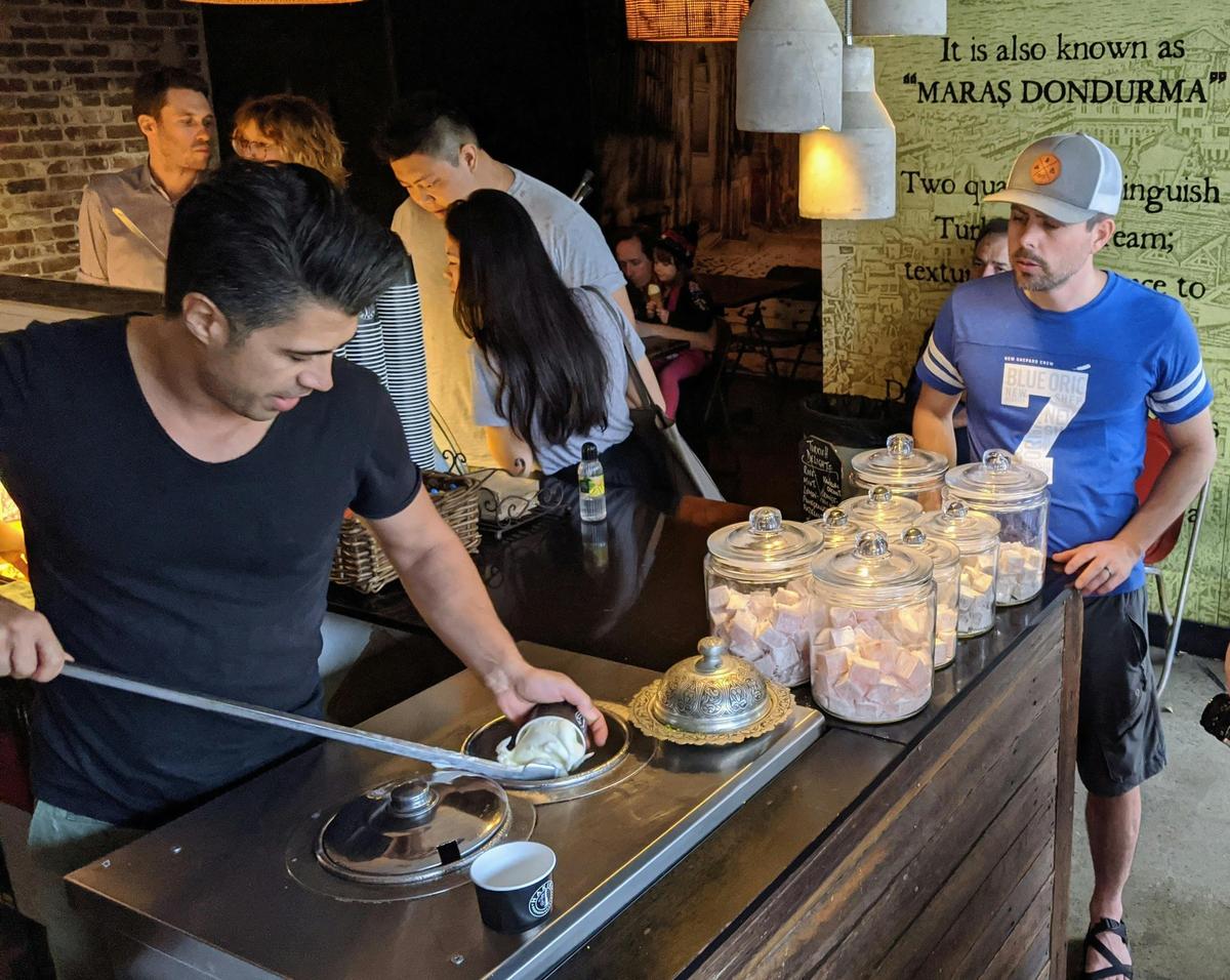 Sample multicultural food including Turkish ice cream