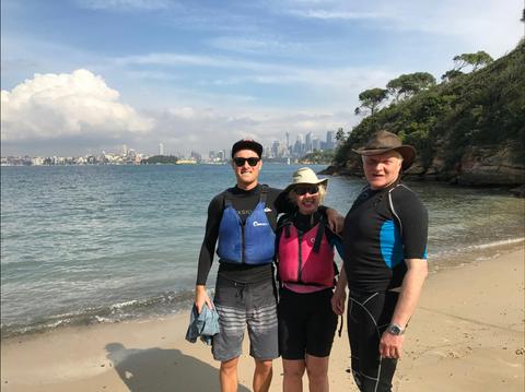 Relaxing on the remote beach having paddled across Sydney harbour