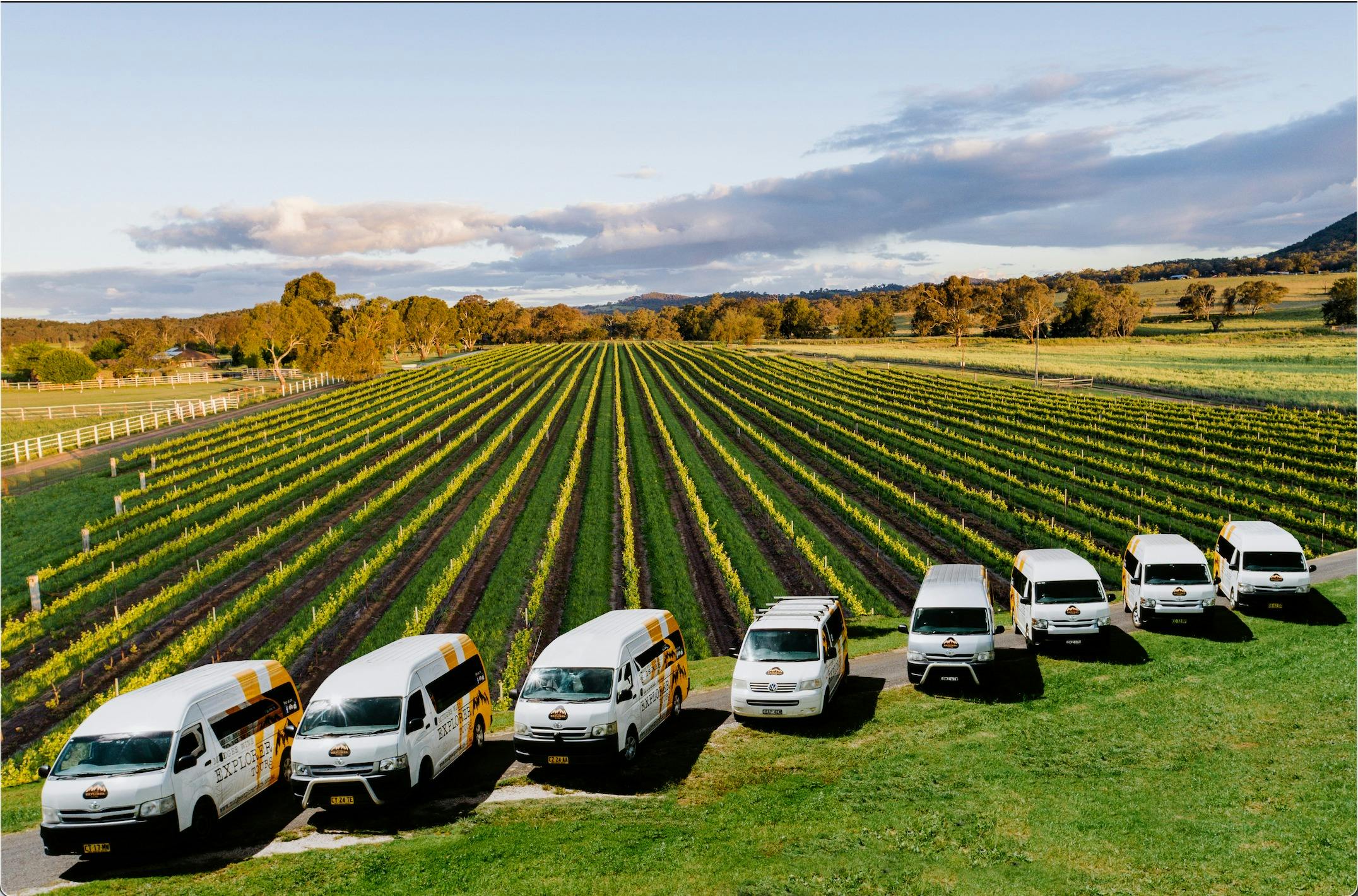 8 Tour buses lined up in front of a winery