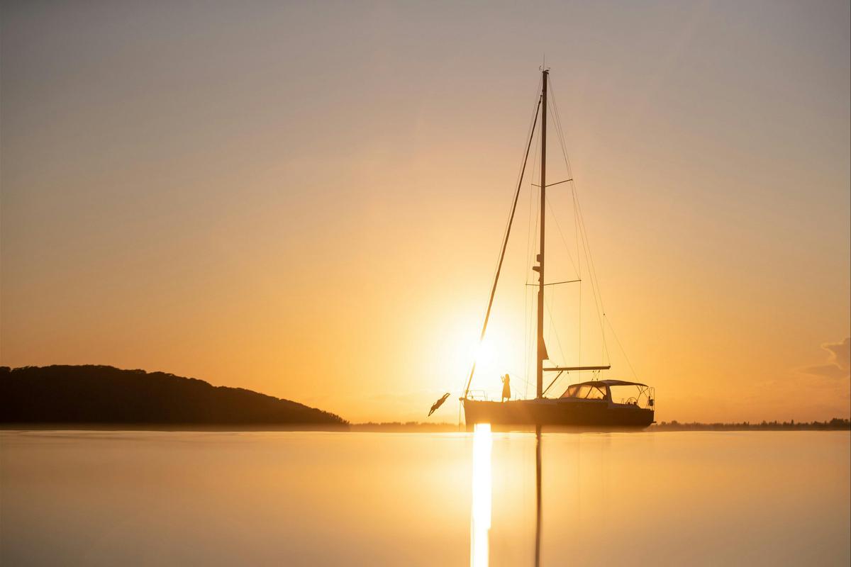 Guests enjoying a swim off the bow of Sail Lake Macquarie
