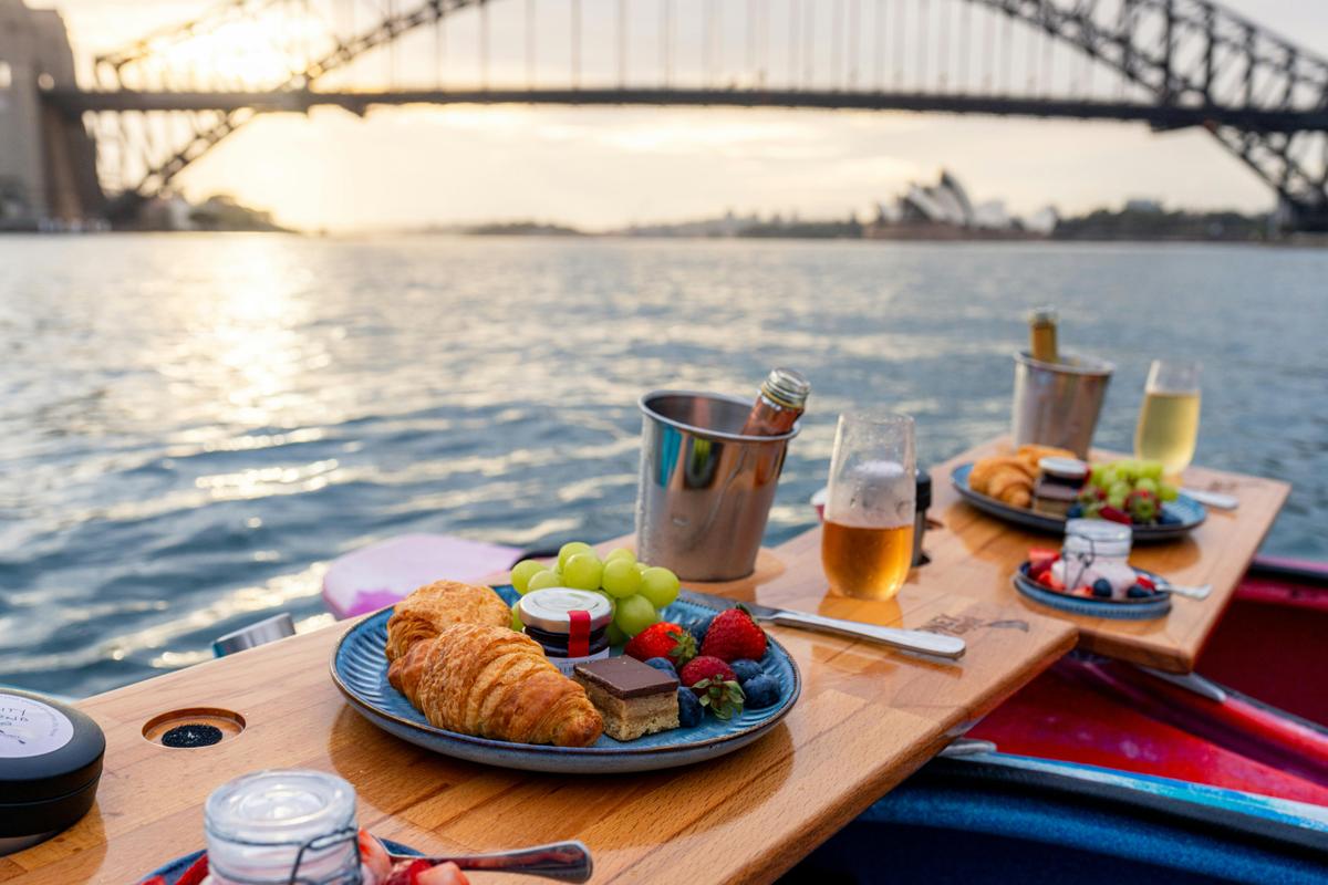 Sydney By Kayak's premium champagne breakfast served while floating in kayaks on Sydney Harbour.