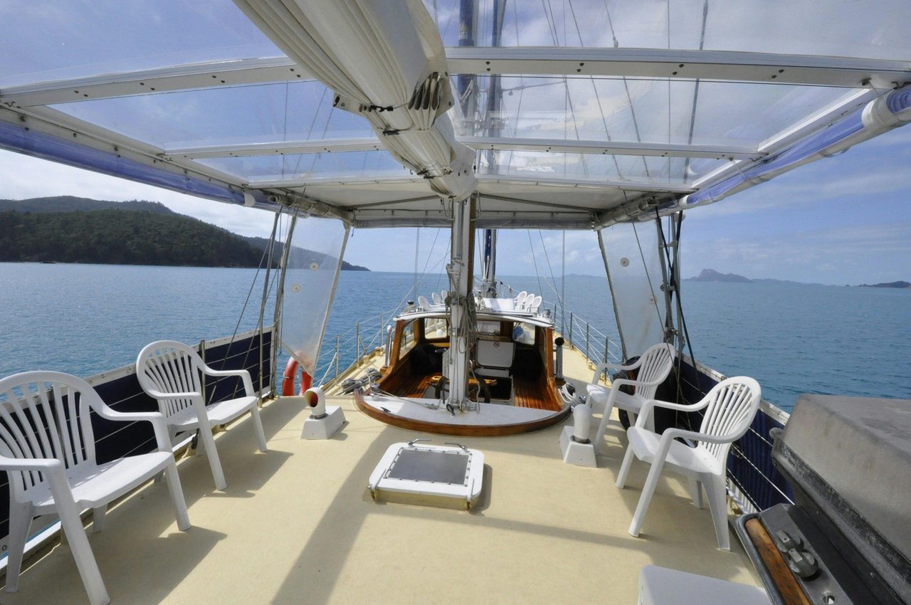 Glass canopy above back deck, looking forward to the bow shows expanse of deck on Sydney Sundancer