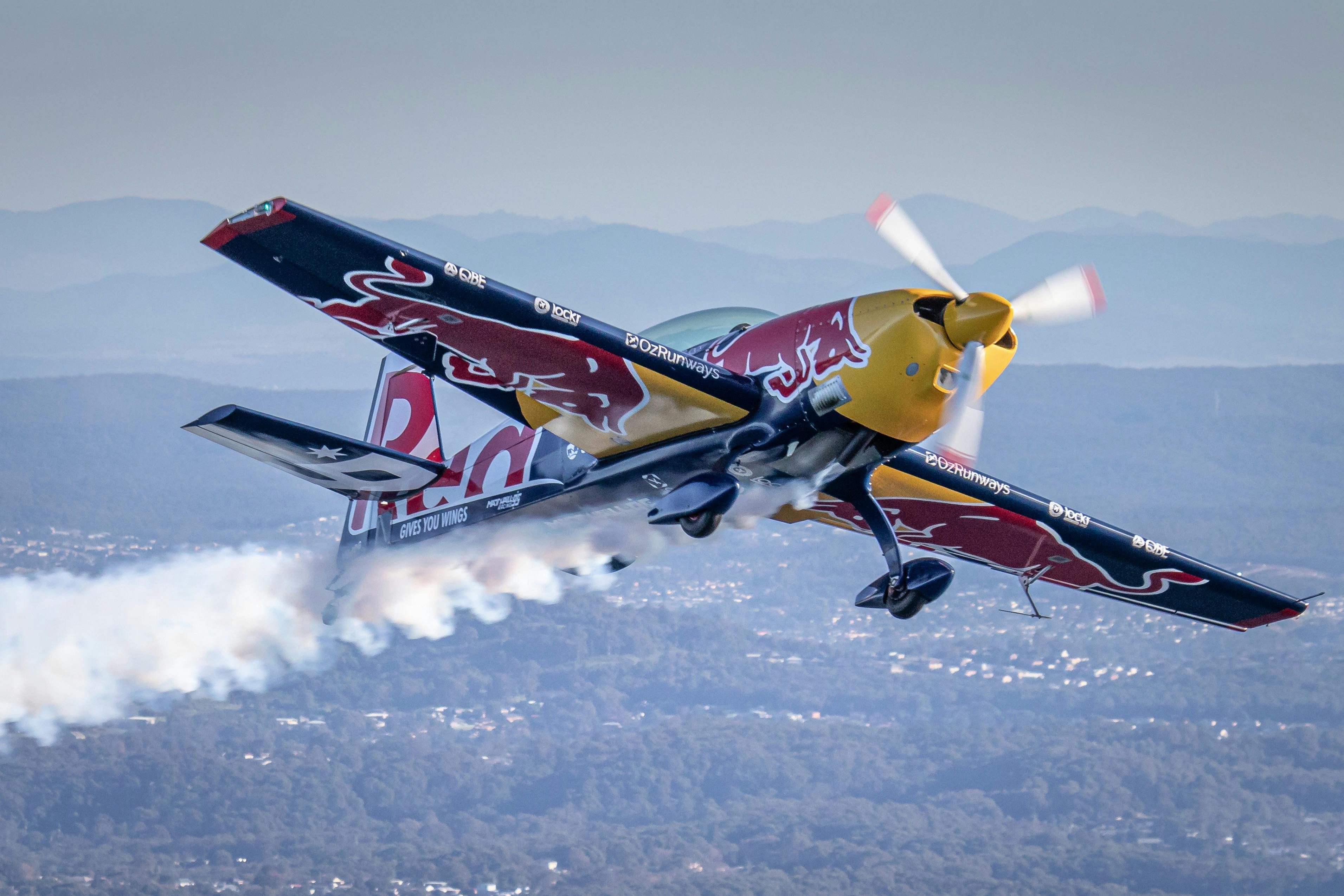 Matt Hall Racing Red Bull Extra 300 during formation photo shoot over Lake Macquarie, NSW