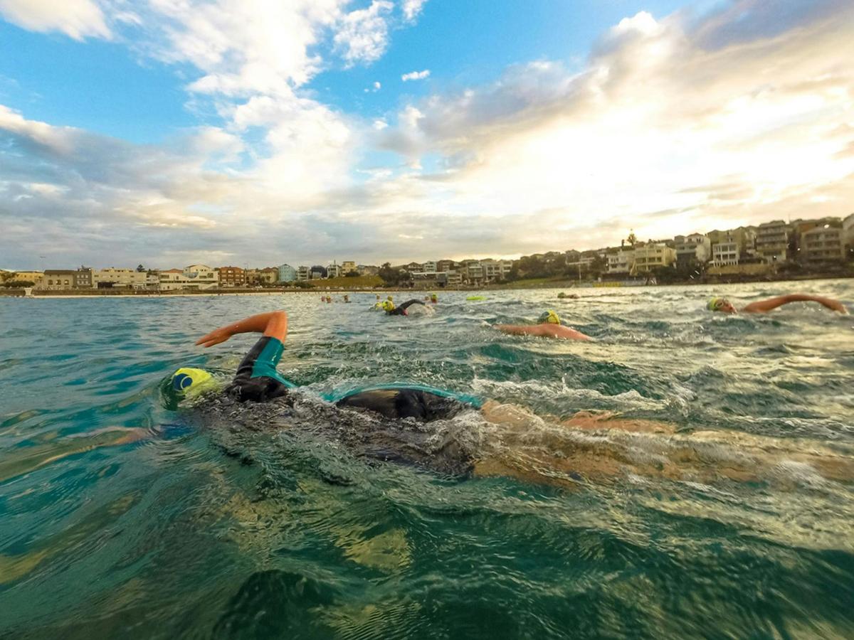Ocean swimmers crossing the Bondi Bay.
