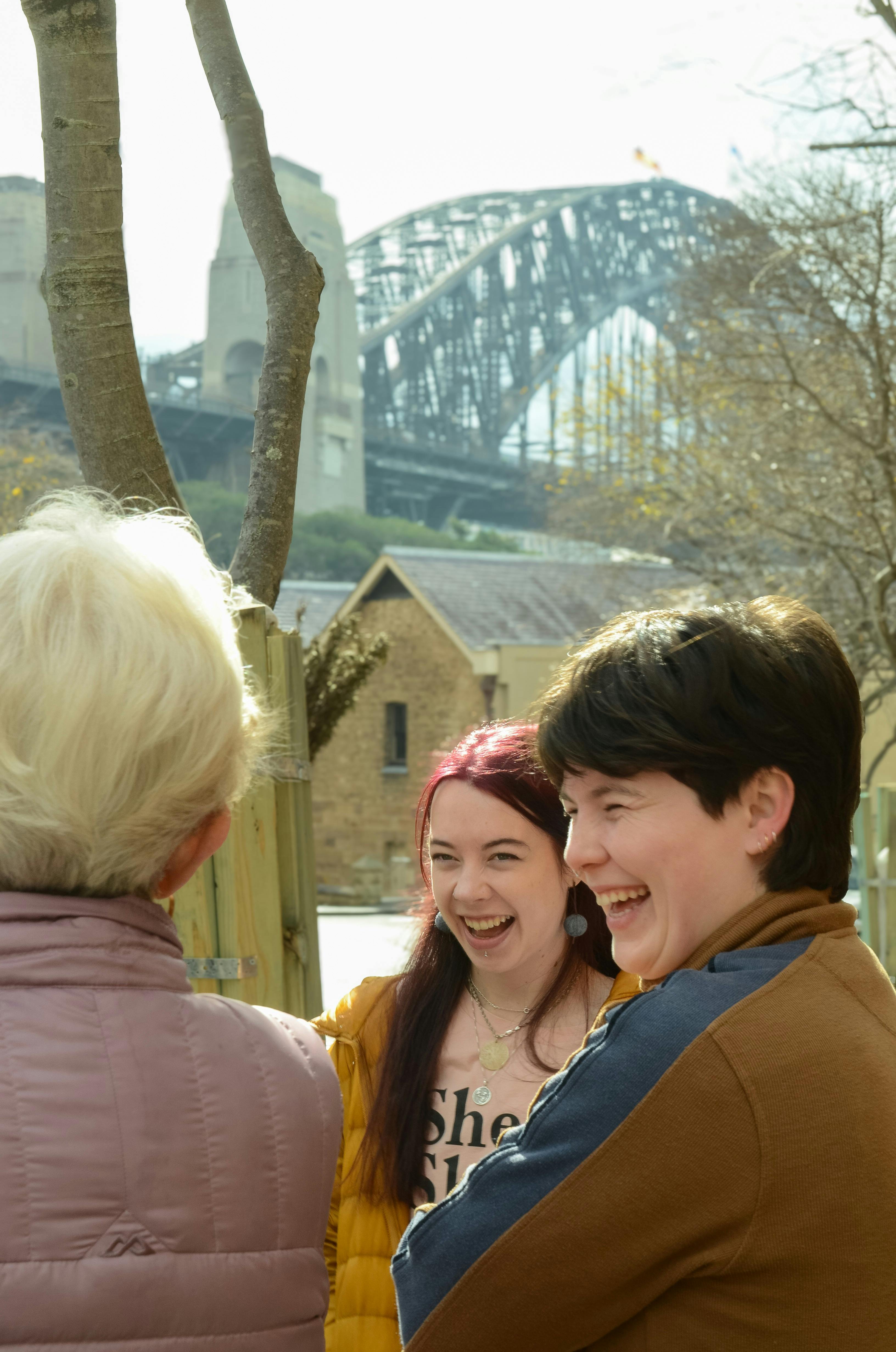 Local guide in The Rocks with Sydney Harbour Bridge in the background