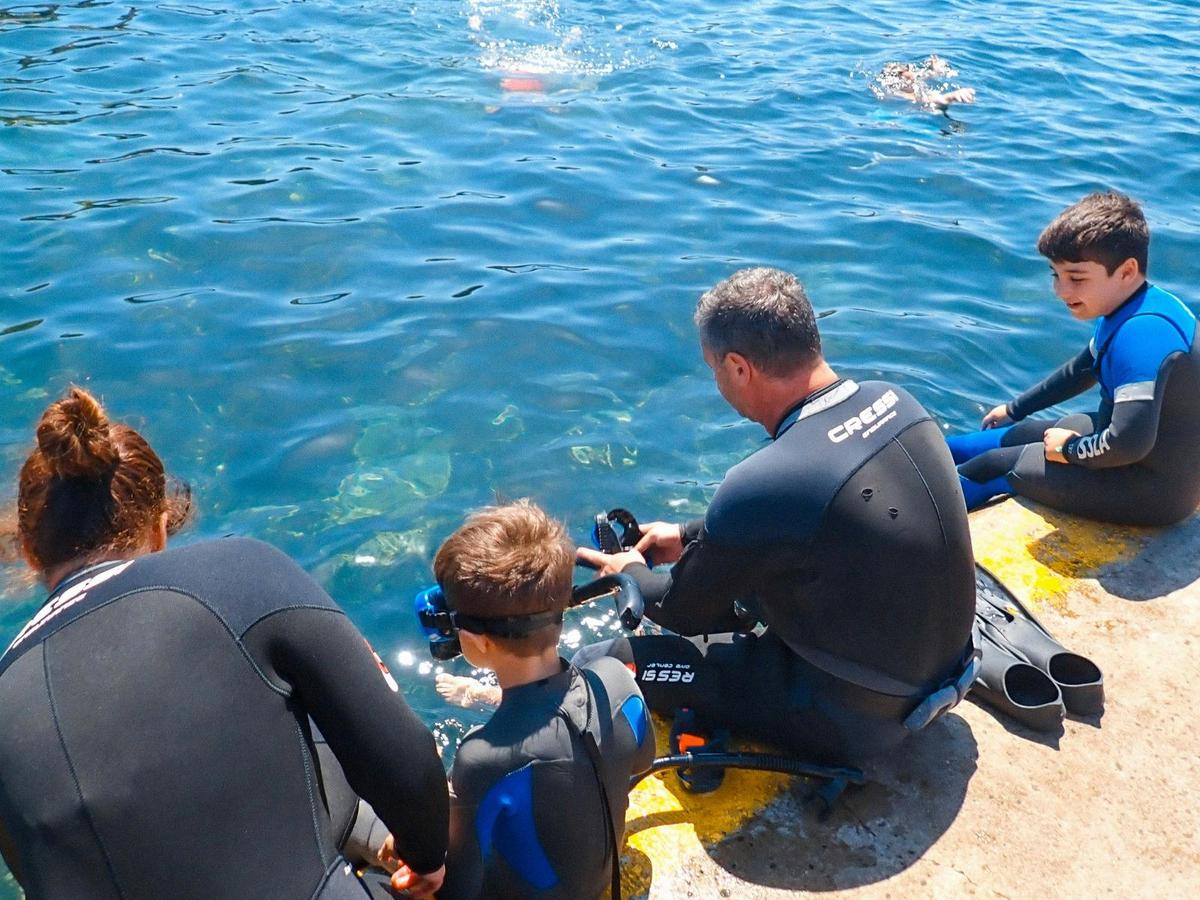 A family of four prepares to snorkel at Clovelly Beach, gearing up together before entering the wate