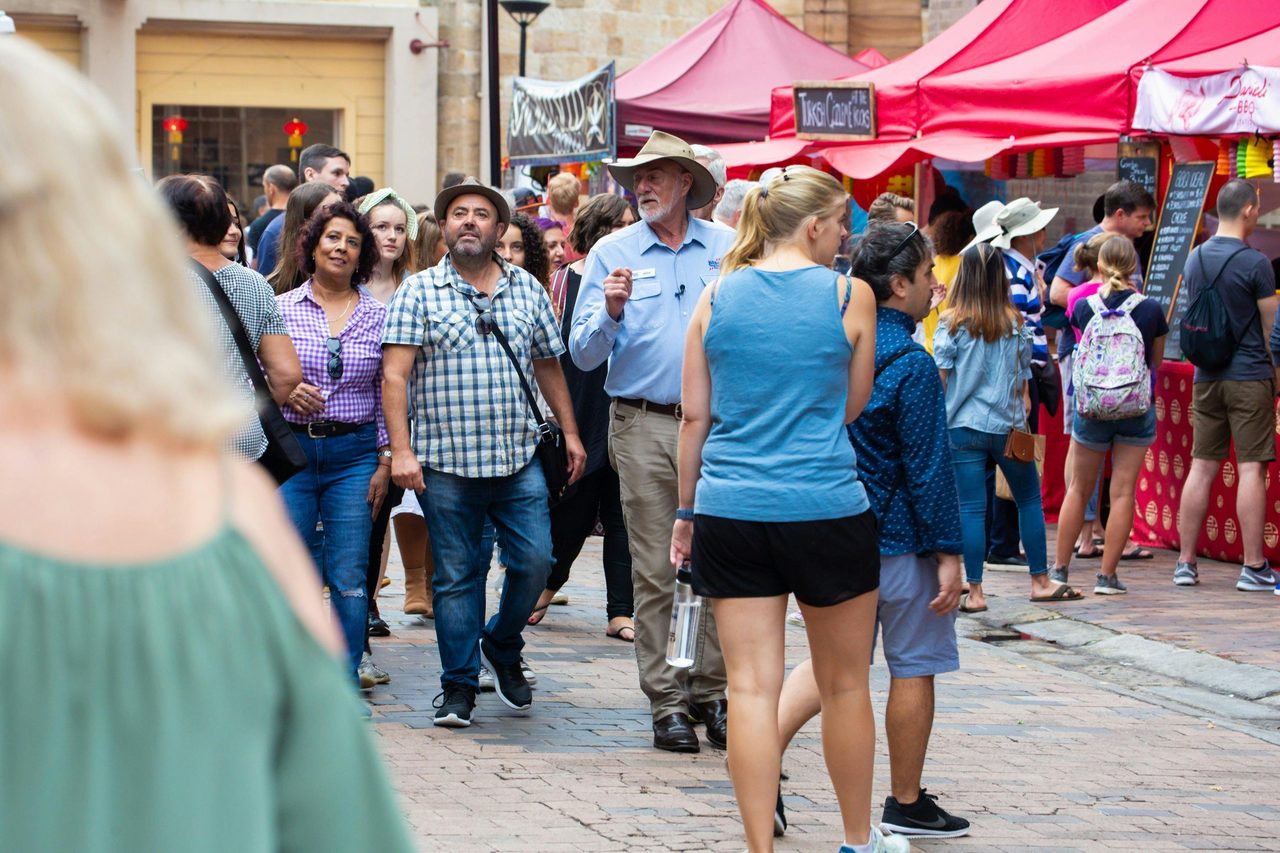 Walking through The Rocks Markets in Playfair St