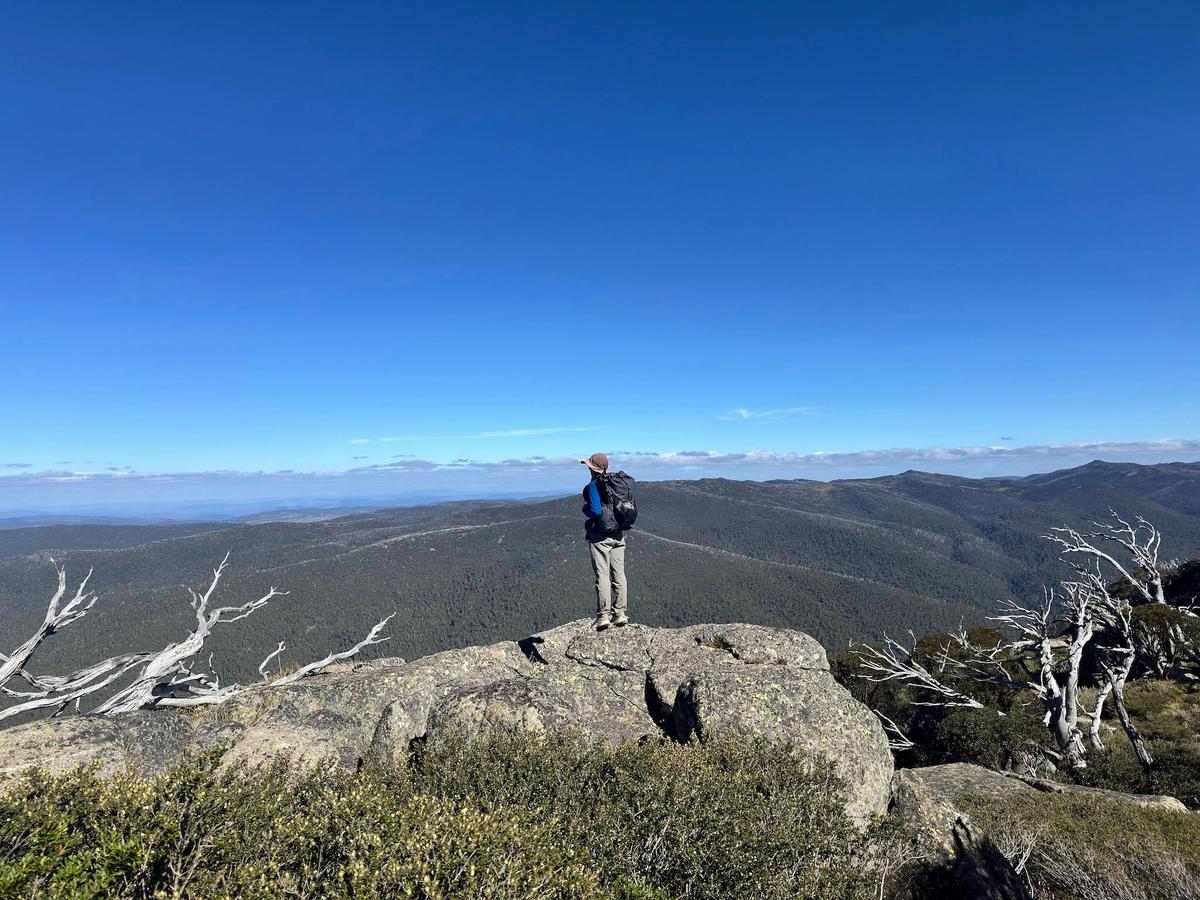 A hiker looking out at the view from the top of some rocks.