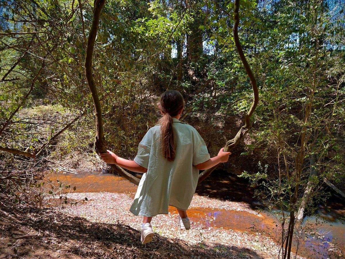 Young girl swinging joyfully from tree branches in a natural setting