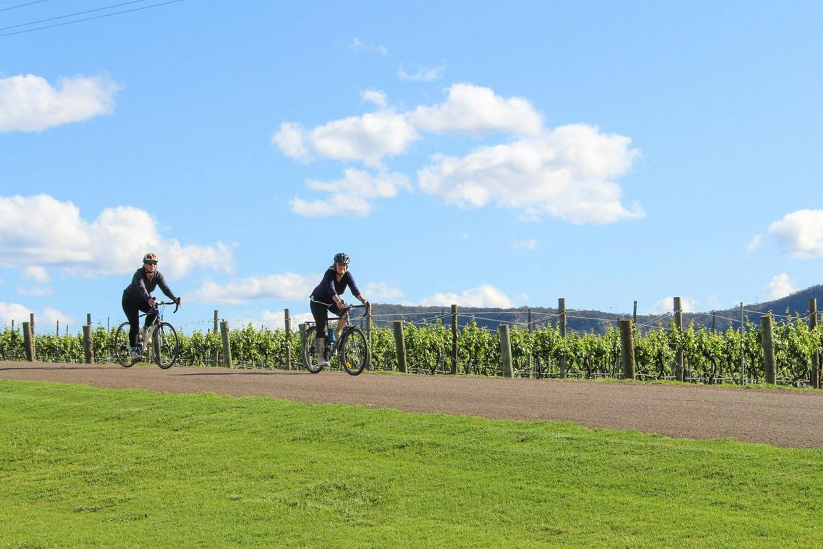 Two cyclists traveling along Hermitage Rd before their first wine tasting experience.
