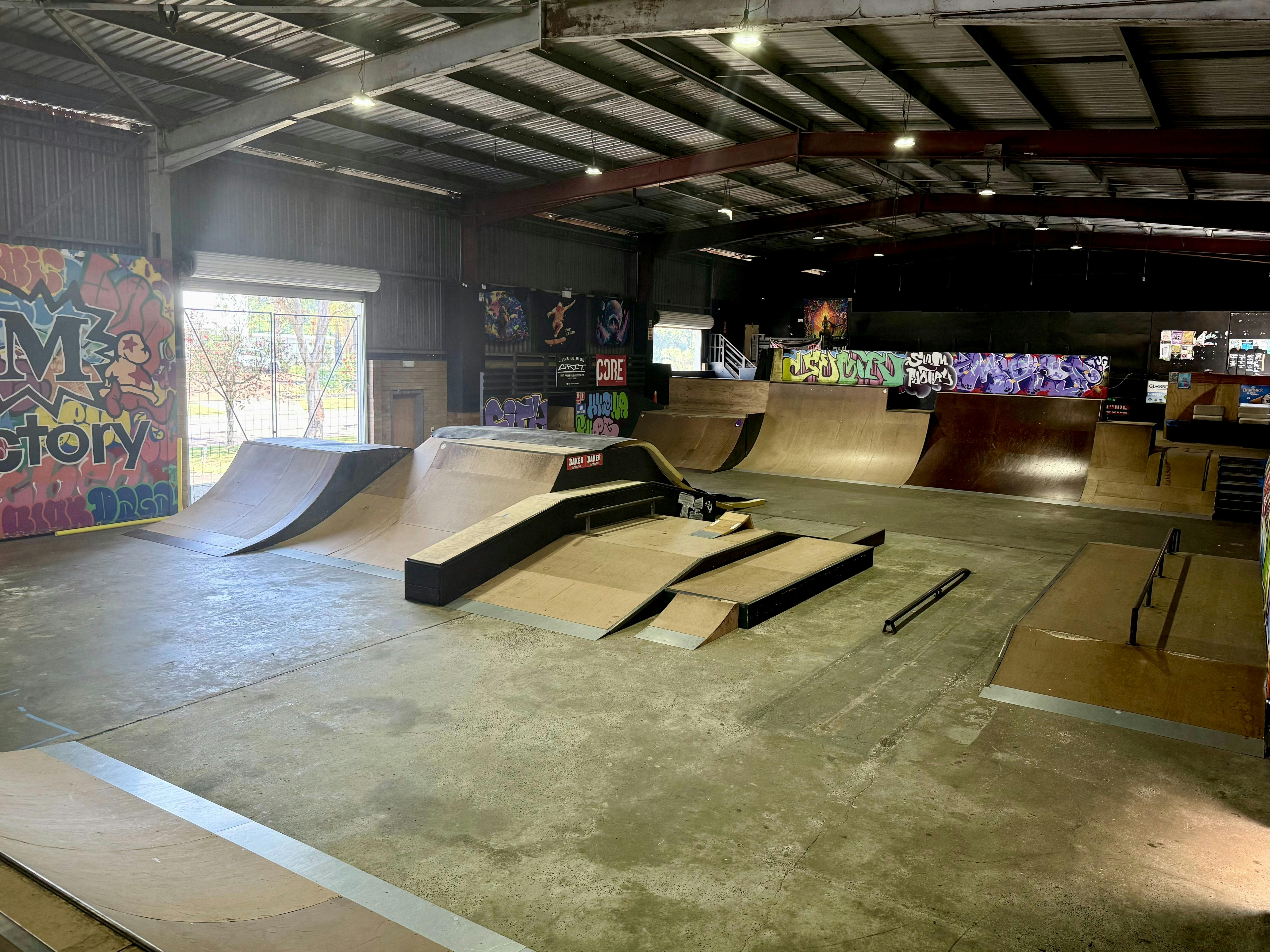 Street section with ramps, rails, and boxes for all skill levels.