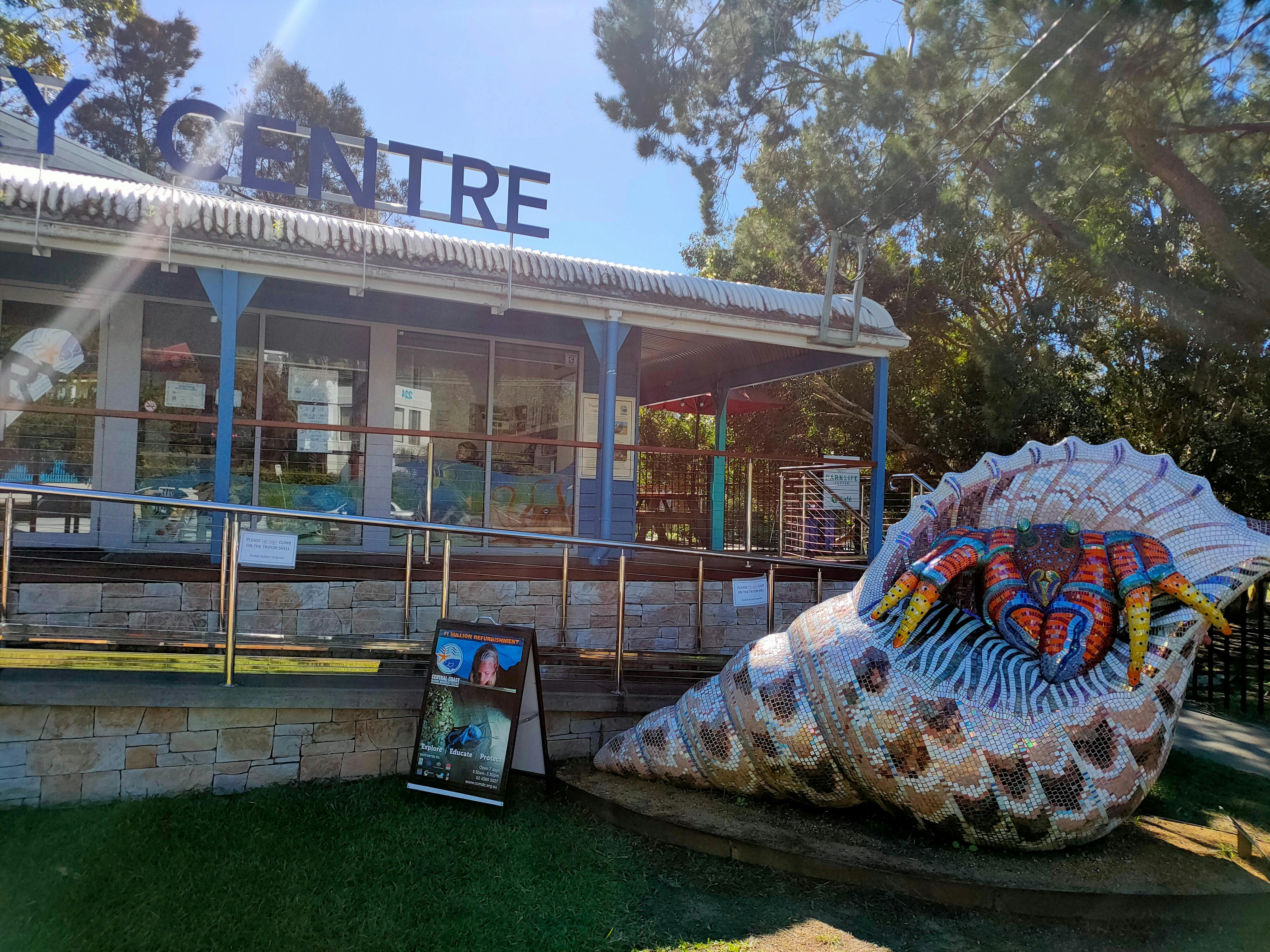 Sunny image of the Entry to the Central Coast Marine Discovery Centre with Giant Hermit Crab Mosaic