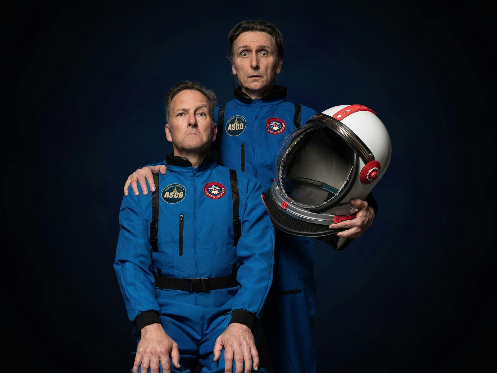 Comedians Colin Lane and Frank Woodley posing for a photo dressed as astronauts