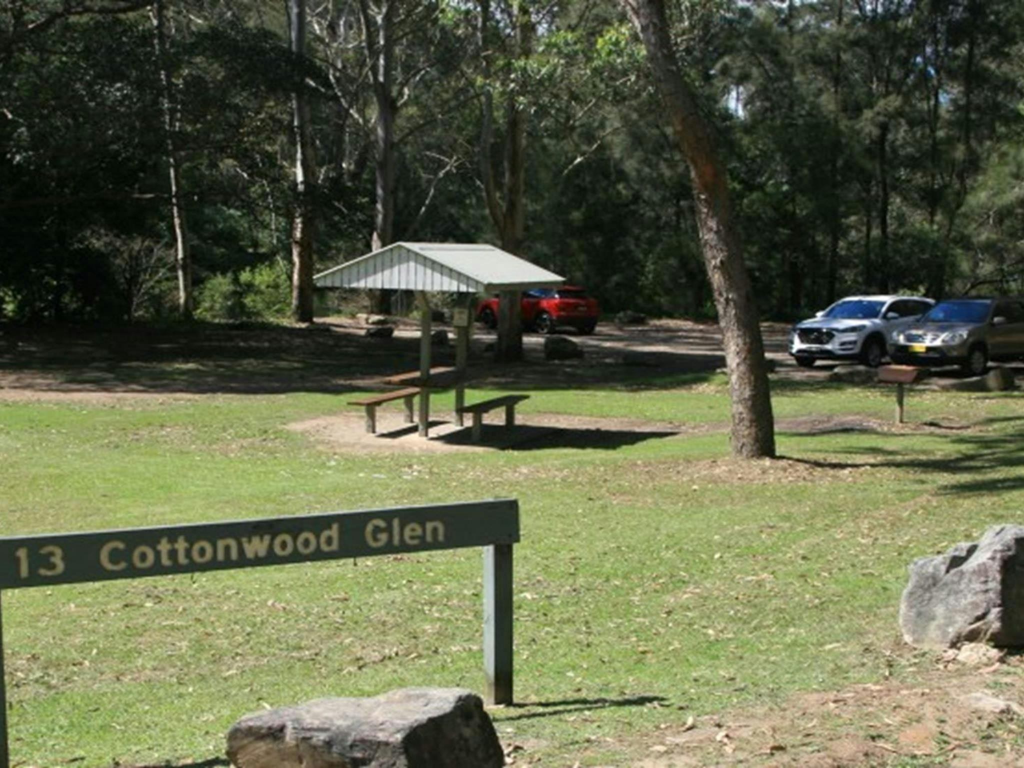 The grassy area at Cottonwood Glen picnic area with picnic shelter and carpark in the distance at