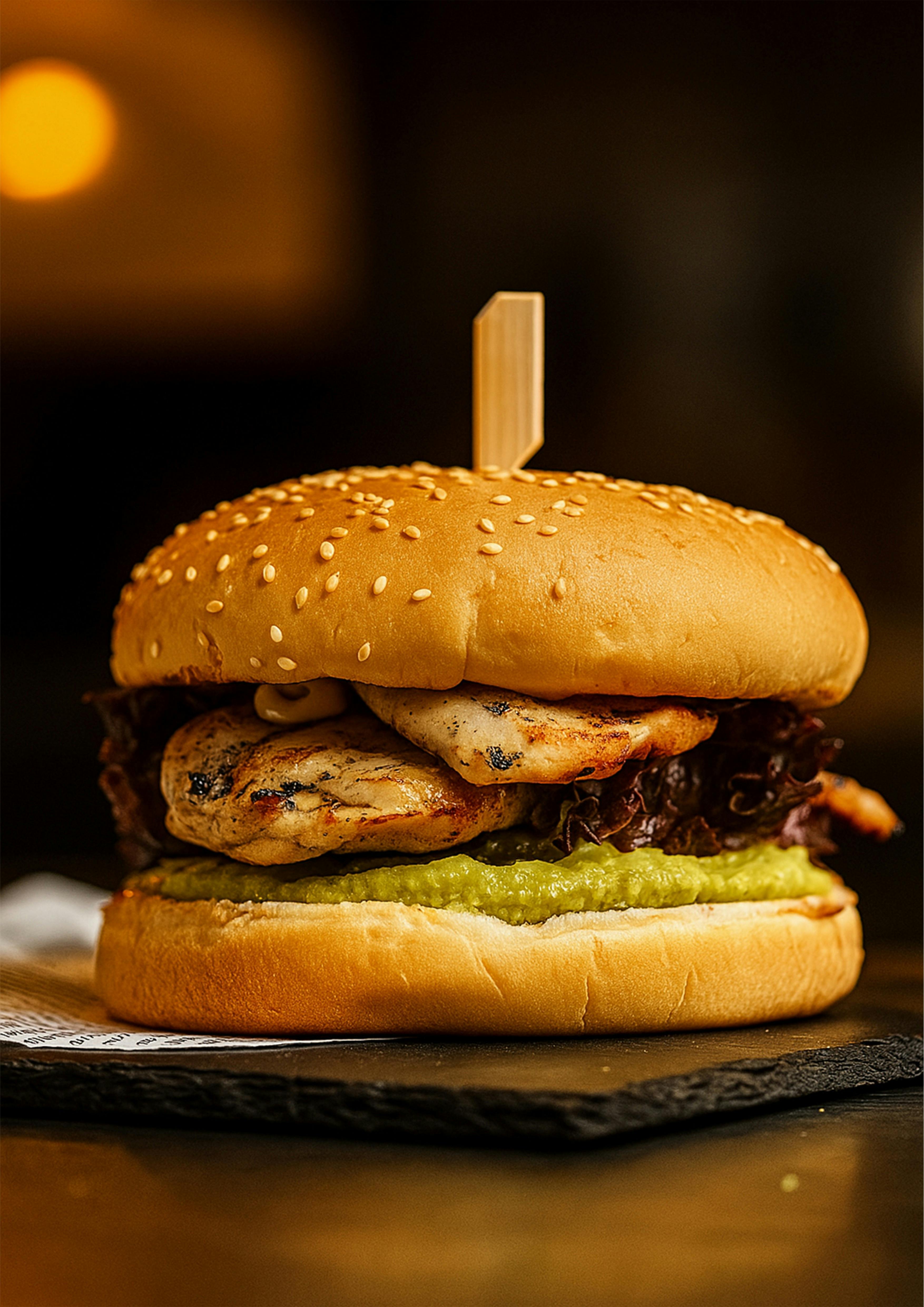 Esteria grilled chicken burger with lettuce, tomato, and house sauce.