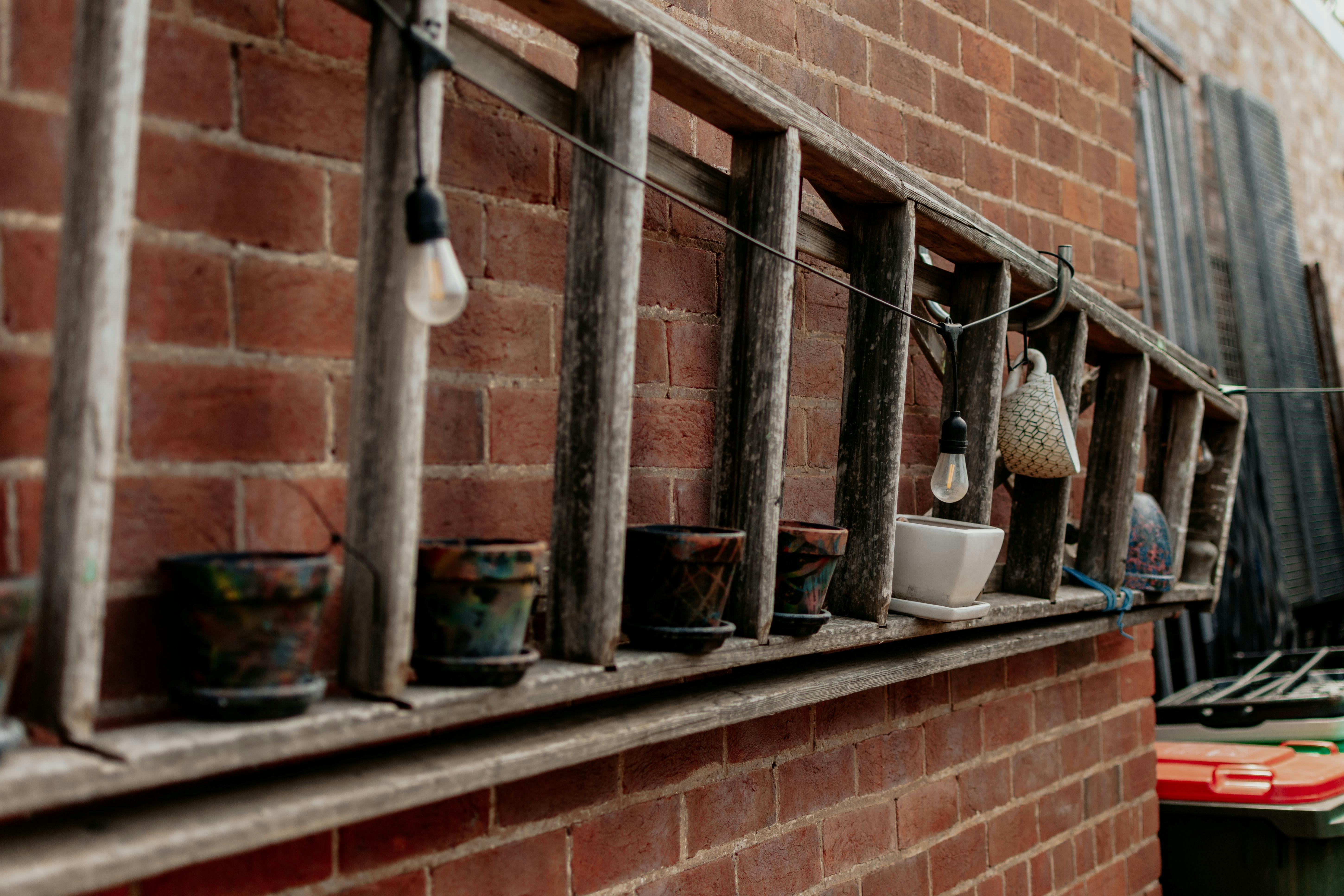 Decorative Ladder on wall with pots in the steps