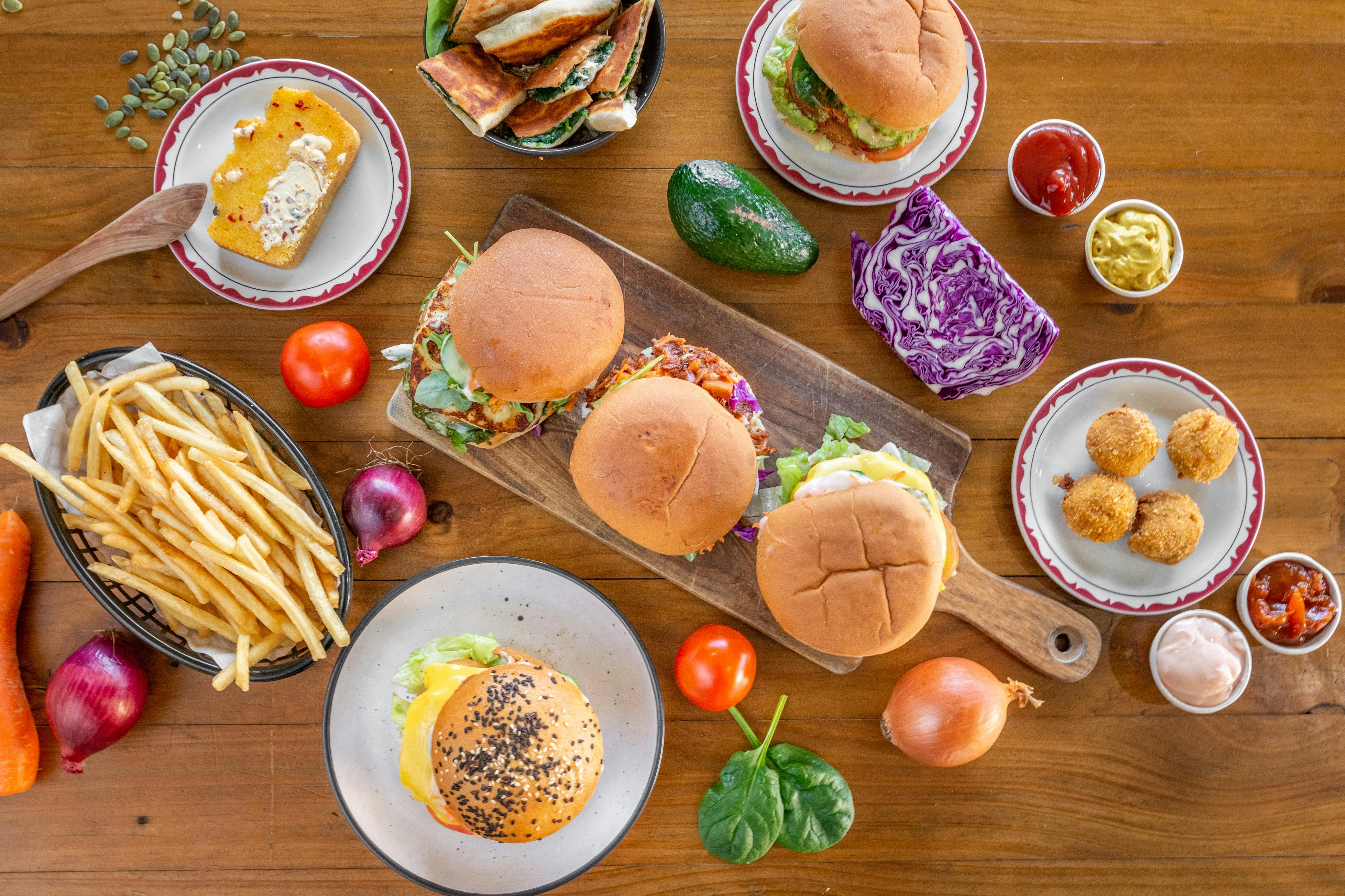A selection of the fresh, filling & delicious Vego's Vegetarian Fast Food range