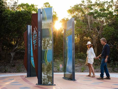 Viewing Aboriginal interpretive panels at Angels Beach node