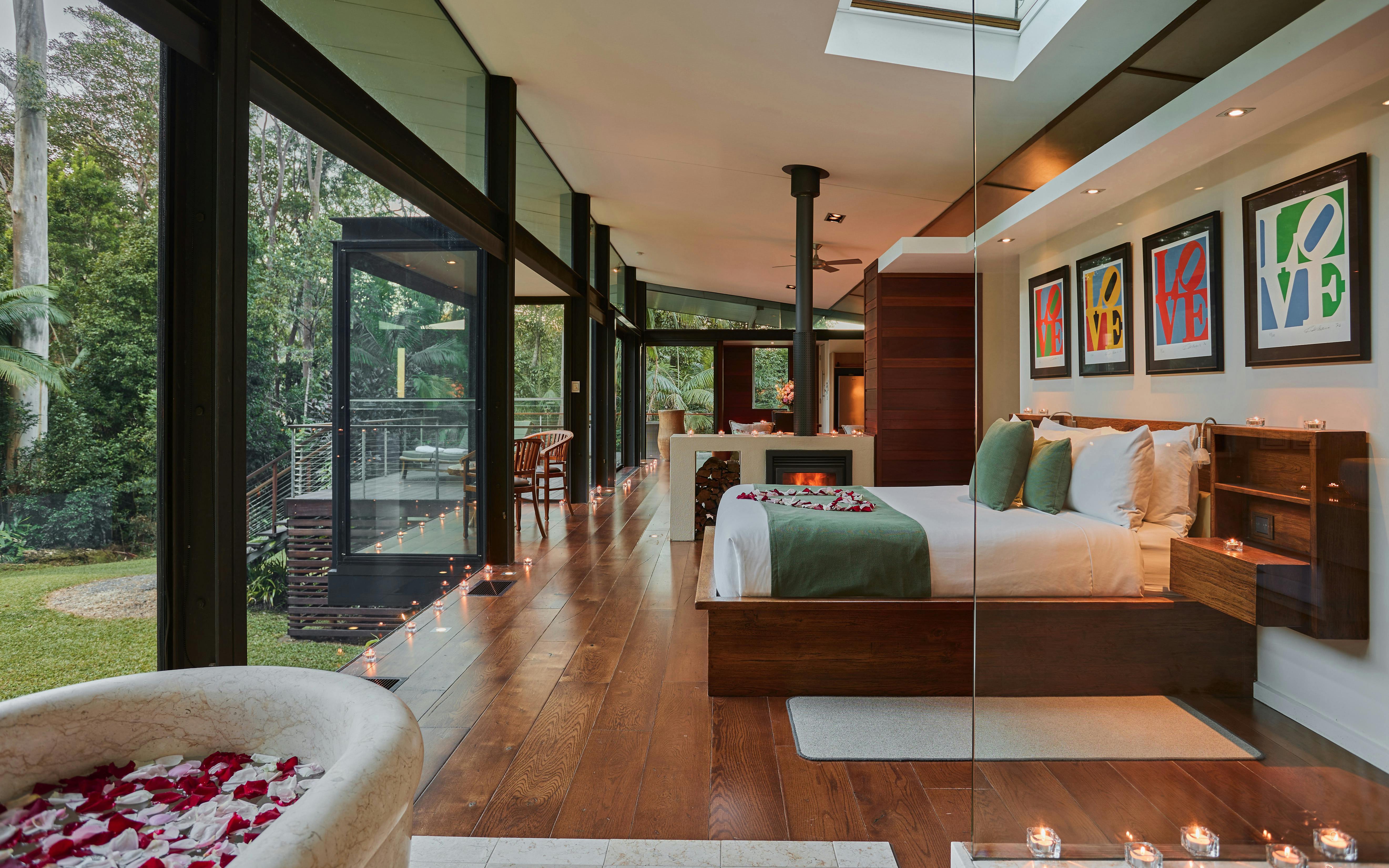 Lodge Bedroom with Log Fire & Couples Marble Bath